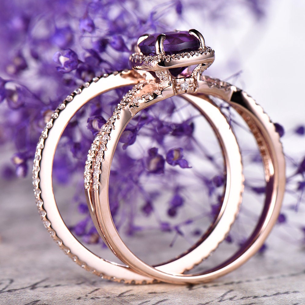14K Rose Gold Amethyst Engagement Ring Set with Pave Diamonds - Thin Twisted Matching Wedding Band & Full Eternity Ring for Anniversary, Proposal & Special Occasions