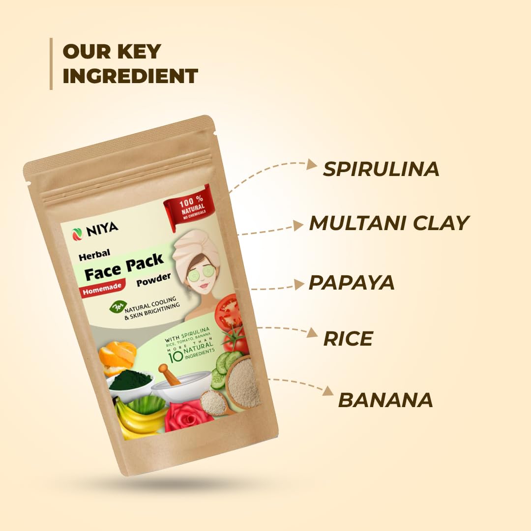 Niya Natural Rice Face Pack with Banana, Spirulina & Multani Mitti - 100g Pure Natural Herbal Facial Mask for Glowing Skin | Detox & Brightening Treatment for Daily Skincare Routine
