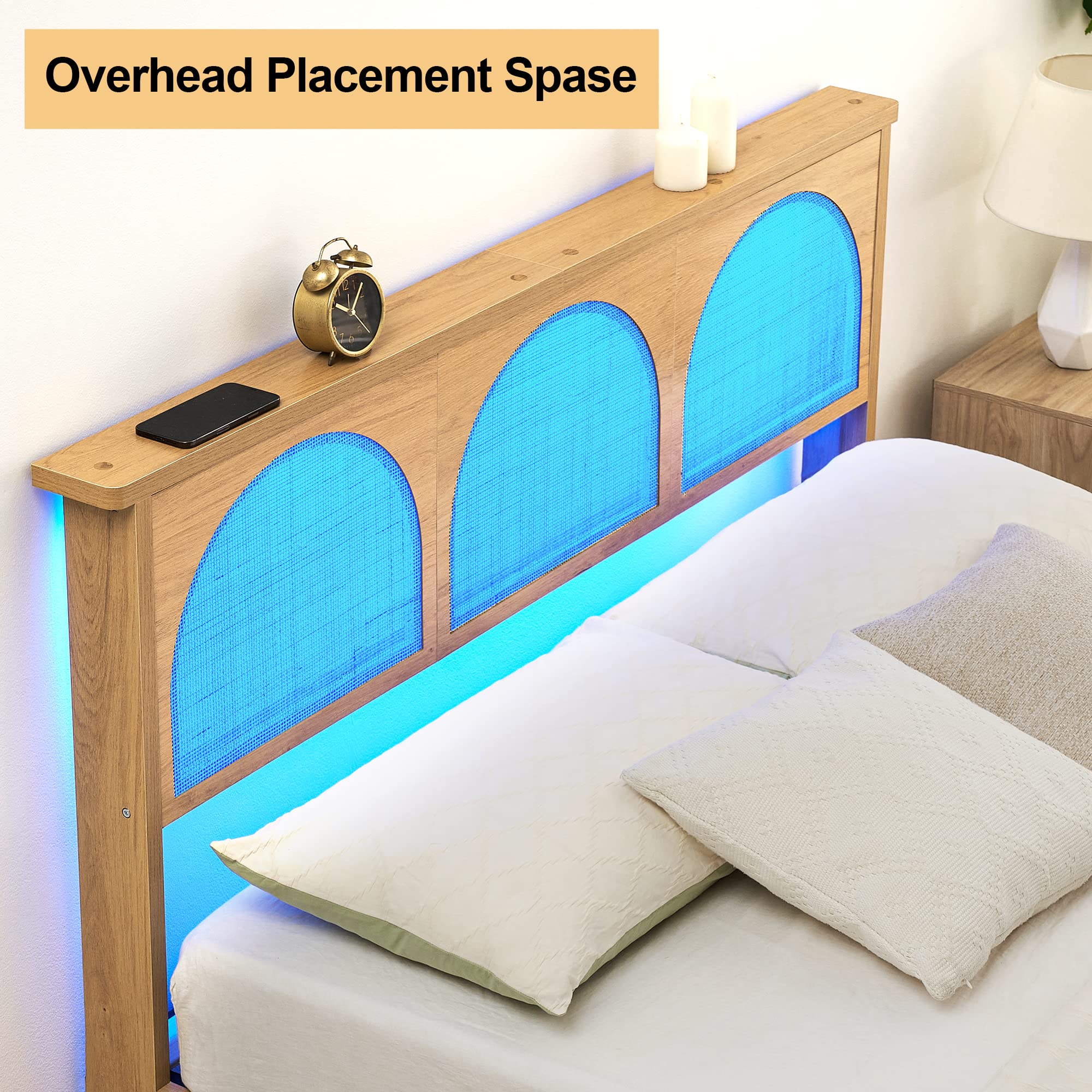 GARVEE 12.4 Inch Deluxe Solid Wood Queen Size Bed Frame with LED Lights & Rattan Headboard - Modern Wooden Legs Platform Bed, No Box Spring Needed, Easy Assembly - Perfect for Master Bedroom, Guest Room & Modern Home Decor