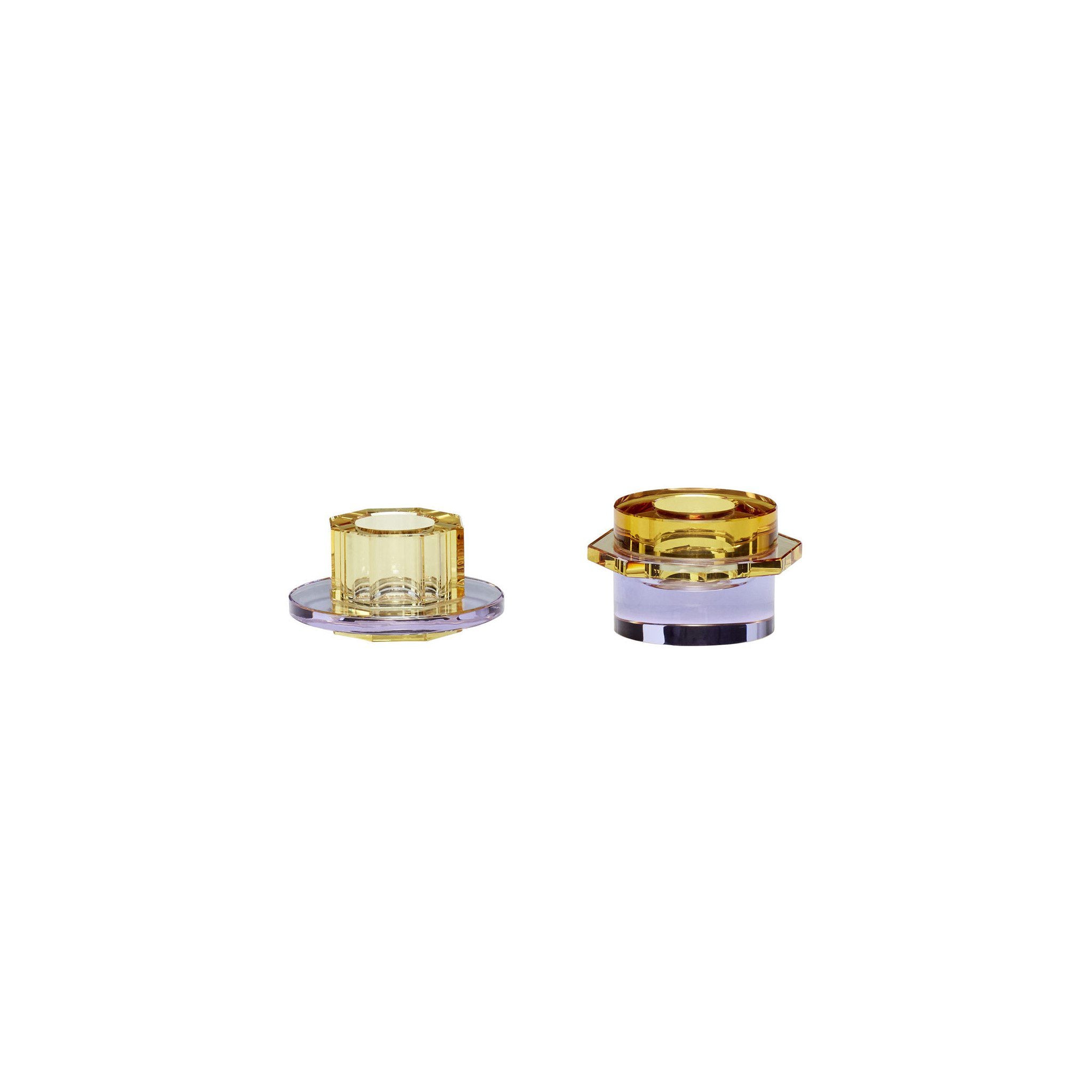 HÜBSCH Kiosk Candlestick Holders - Set of 2 Vintage Style Yellow and Purple Glass Candle Holders for Wedding, Dining Table, Home Decor