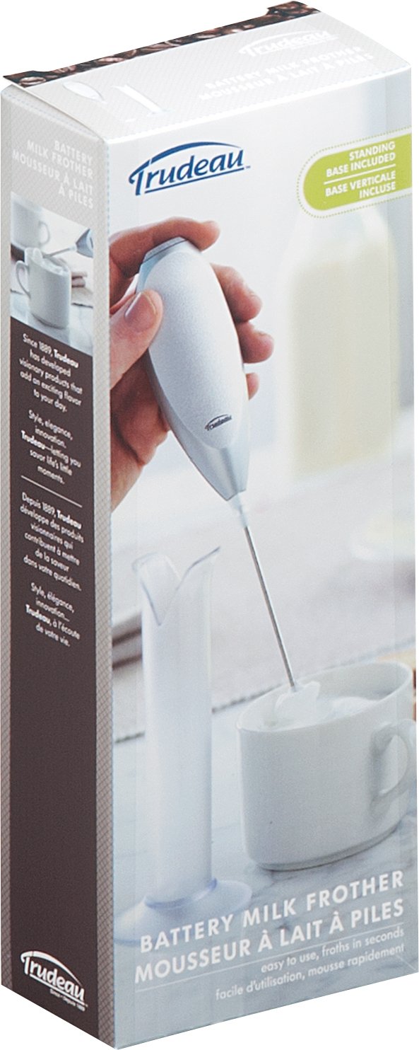 Trudeau Battery-Powered Milk Frother - 9.5 Inch Stainless Steel Handheld Whisk for Coffee, Hot Chocolate & Latte (Silver/White) - Perfect for Home, Office & Cafe Use