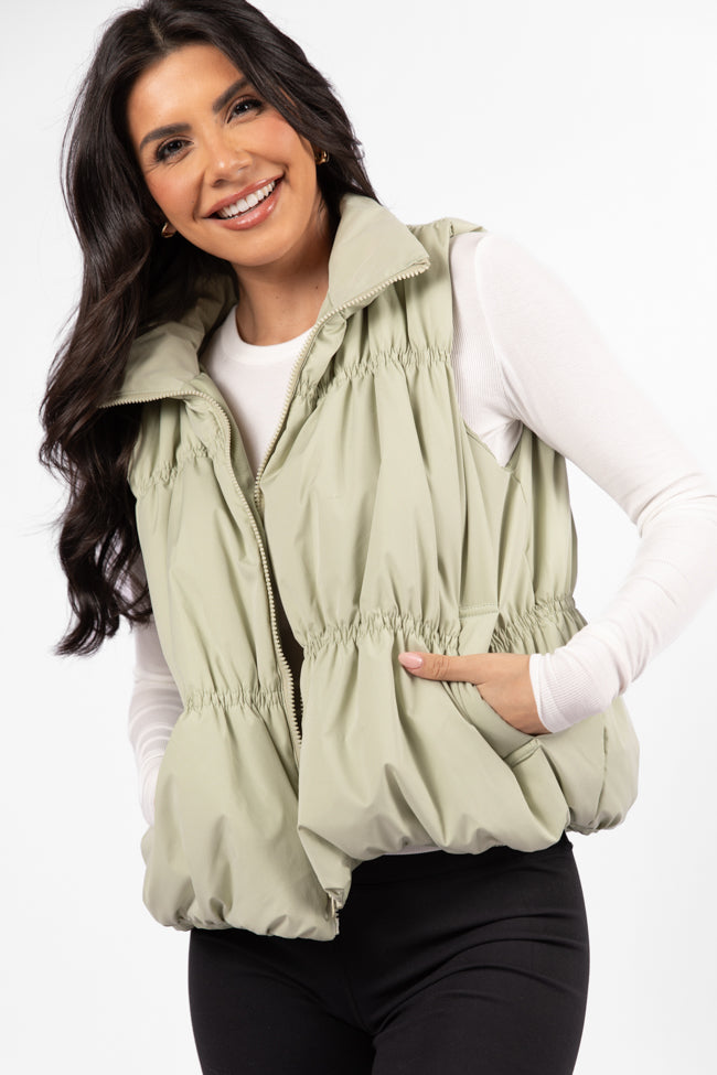 Mountain High Sage Ruched Puffer Vest for Women - Lightweight Winter Jacket, Water-Resistant Outdoor Vest - Perfect for Hiking, Camping & Casual Wear