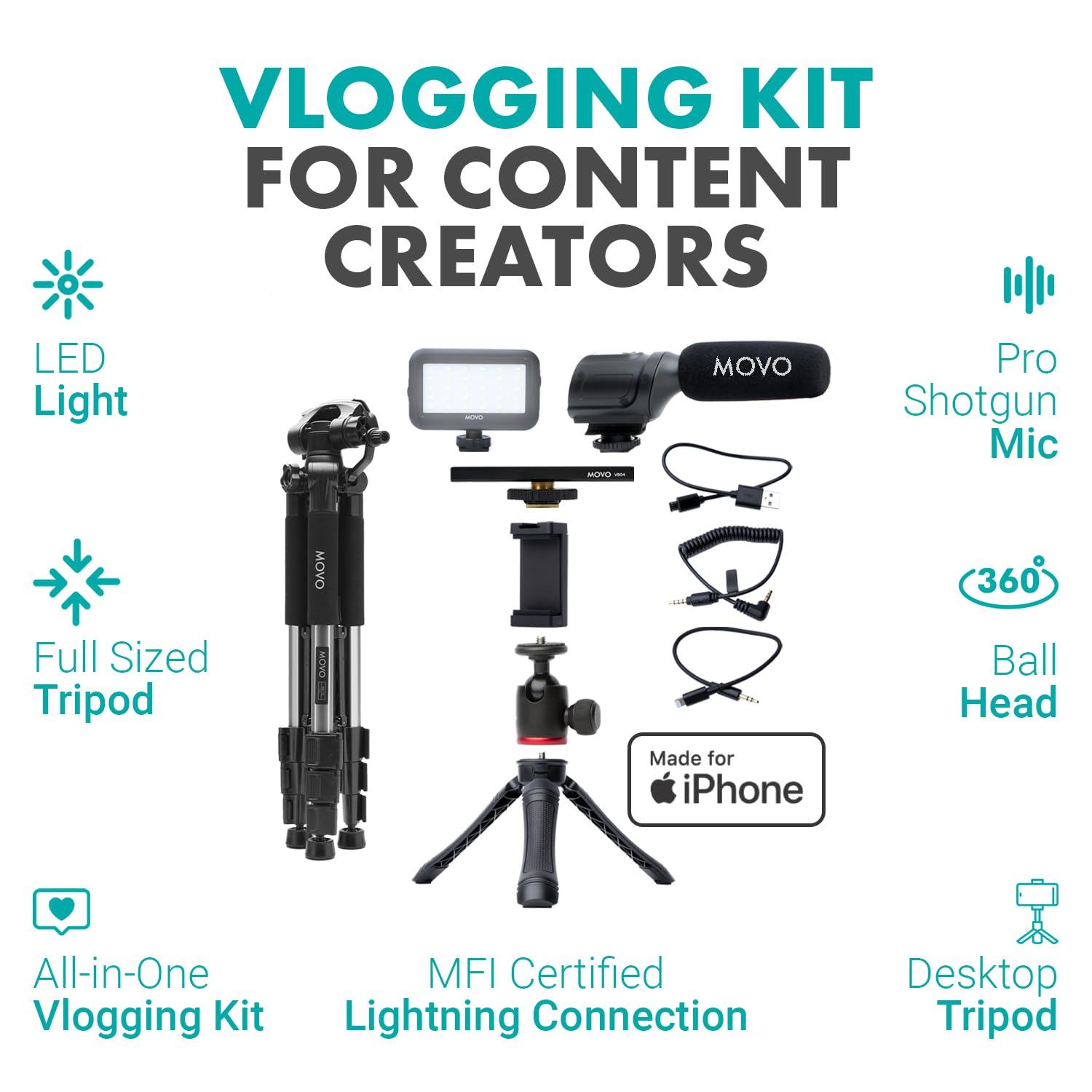 Movo iVlogger Vlogging Kit for iPhone with Full Size Tripod - YouTube Starter Kit with LED Light & Shotgun Mic - Perfect for Content Creators, Travel Vlogging & Live Streaming