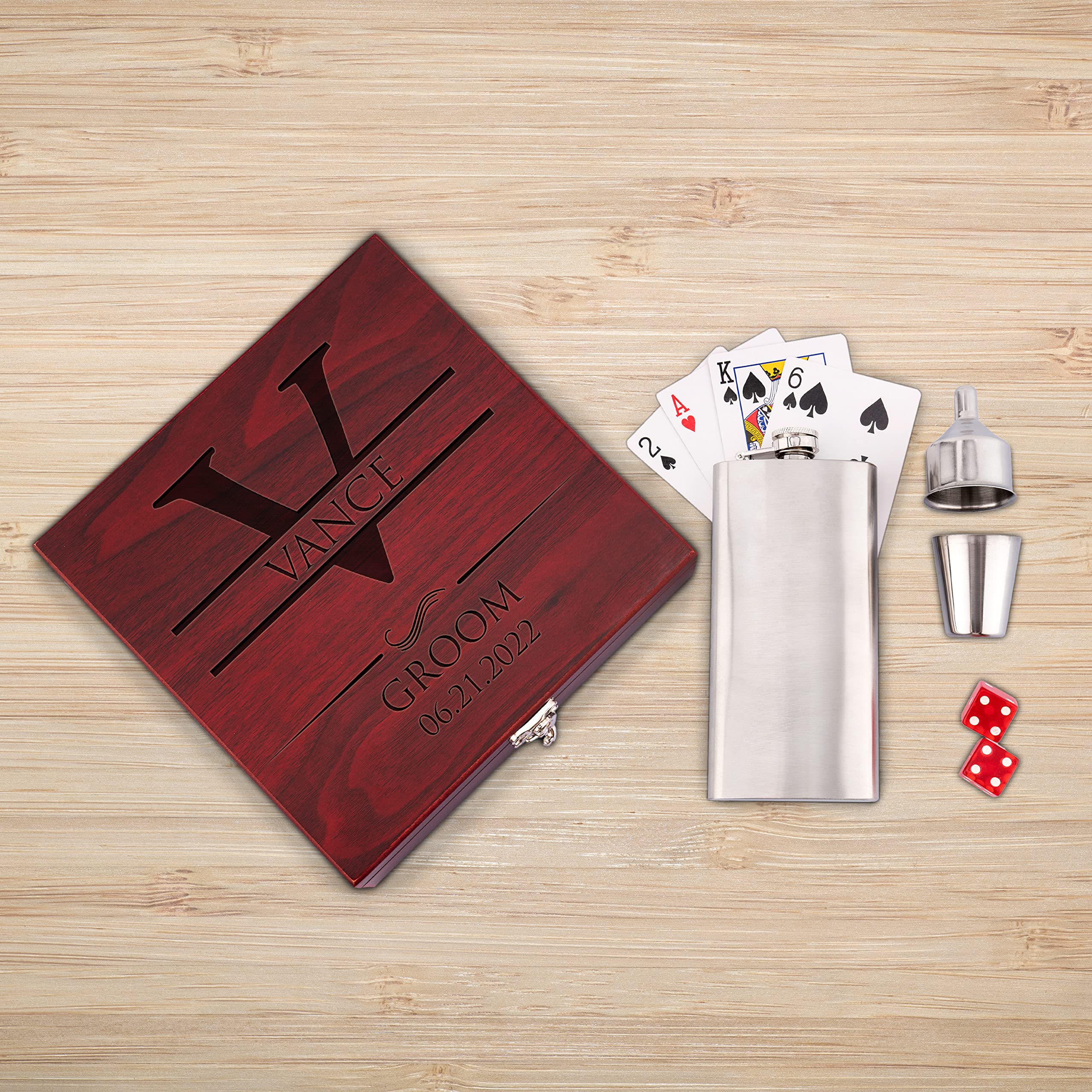 Premium Personalized Groomsmen Gift Set - 3 Rosewood Finish Flasks with Playing Cards & Dice | Custom Wedding Favors for Groomsmen, Best Man, Bridal Party | Perfect for Bachelor Parties, Weddings & Anniversary Gifts