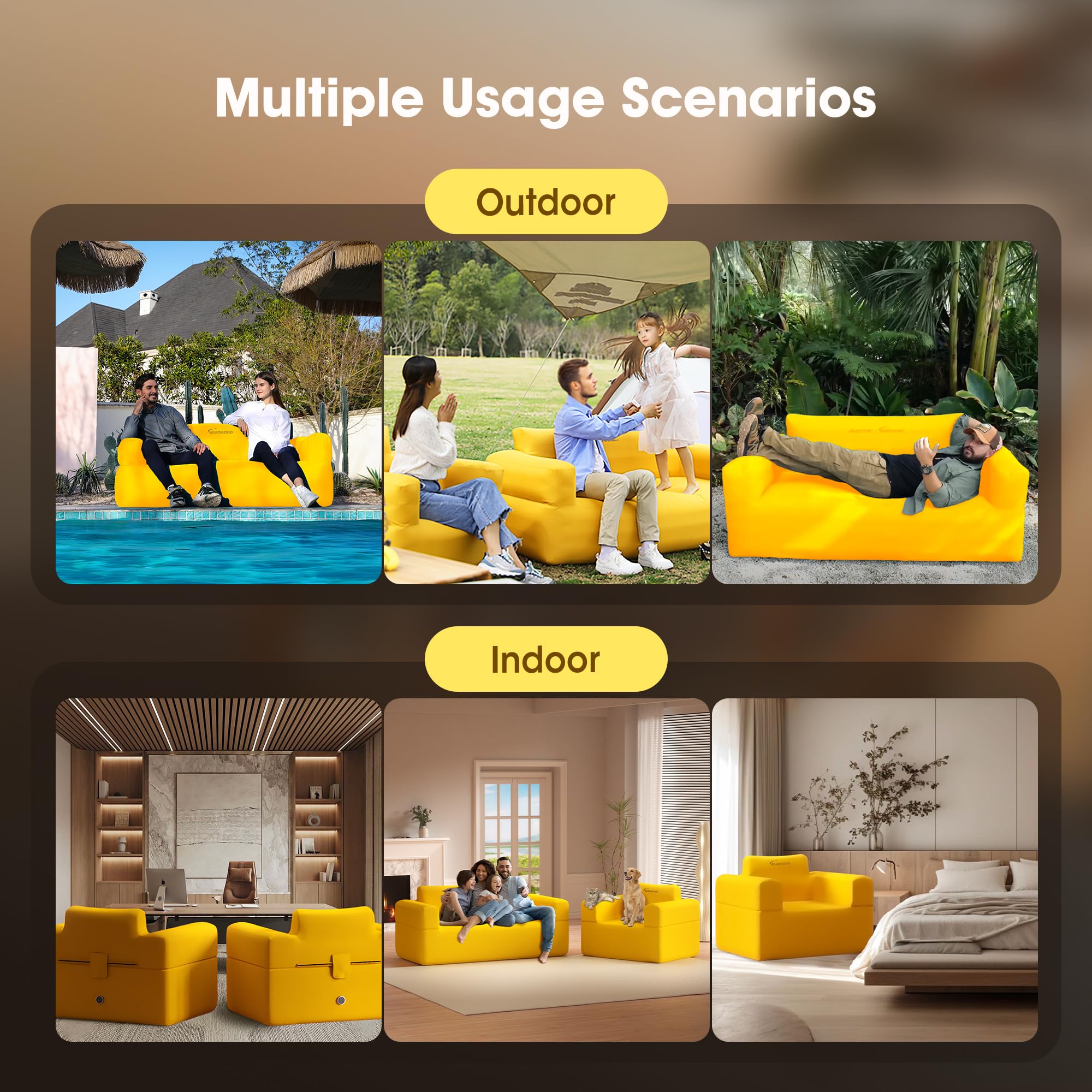 **Inflatable Couch with Built-in Pump - Portable Self-Inflating Sofa for Camping, Beach, Picnic & Home - 4kPa High-Pressure Durable Loveseat (Yellow) - Perfect for Outdoor Relaxation & Indoor Lounging**