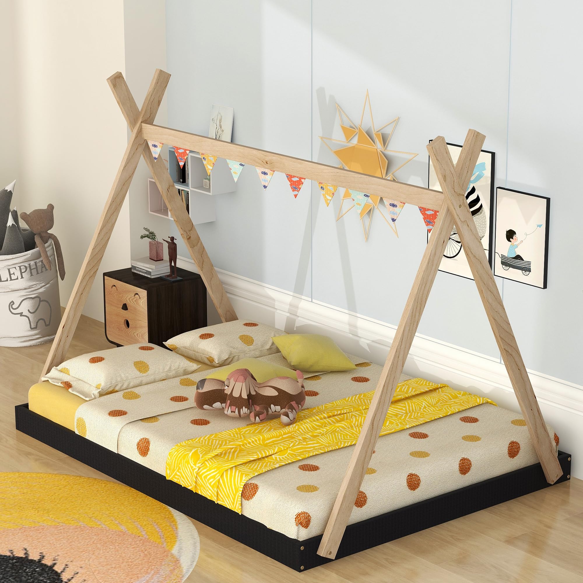 Bellemave Full Size Tent Floor Bed Frame with Sturdy Triangle Structure - Montessori Teepee Platform Bed for Kids, Girls & Boys (Full Size, Black & Brown) - Perfect for Playrooms, Bedrooms & Montessori Learning Spaces