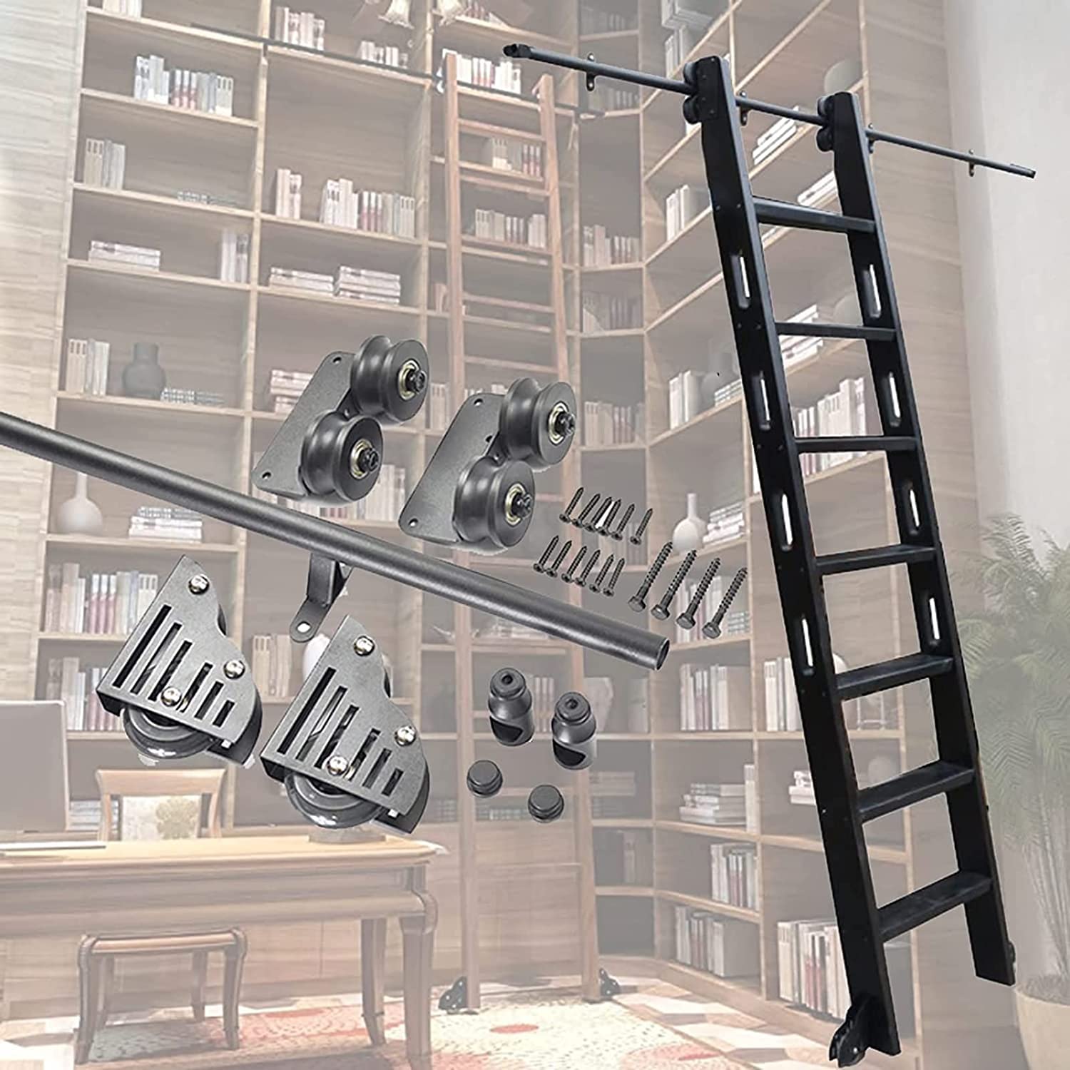 3.3ft-13ft Sliding Barn Door Hardware Kit with Steel Round Tube Track & Floor Roller Wheels - Complete Mobile Ladder System for Home, Loft & Indoor Use - Perfect for Library, Closet & Room Divider Installations