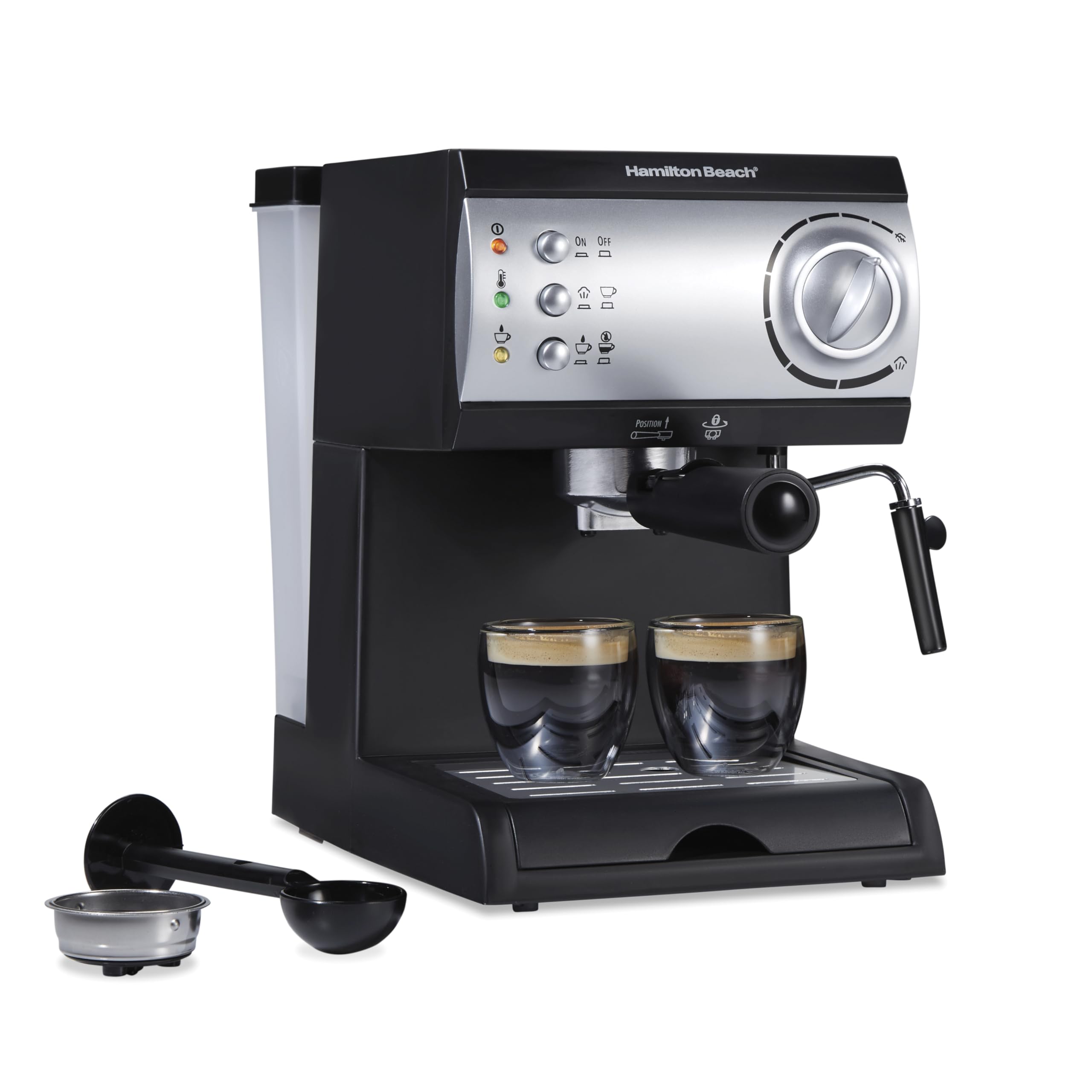 Hamilton Beach 15 Bar Espresso Machine - Professional Cappuccino, Mocha & Latte Maker with Milk Frother | 2-Cup Simultaneous Brewing | Compatible with Coffee Pods & Ground Coffee | 50 oz Water Tank | Black | Perfect for Home, Office & Coffee Shop Use