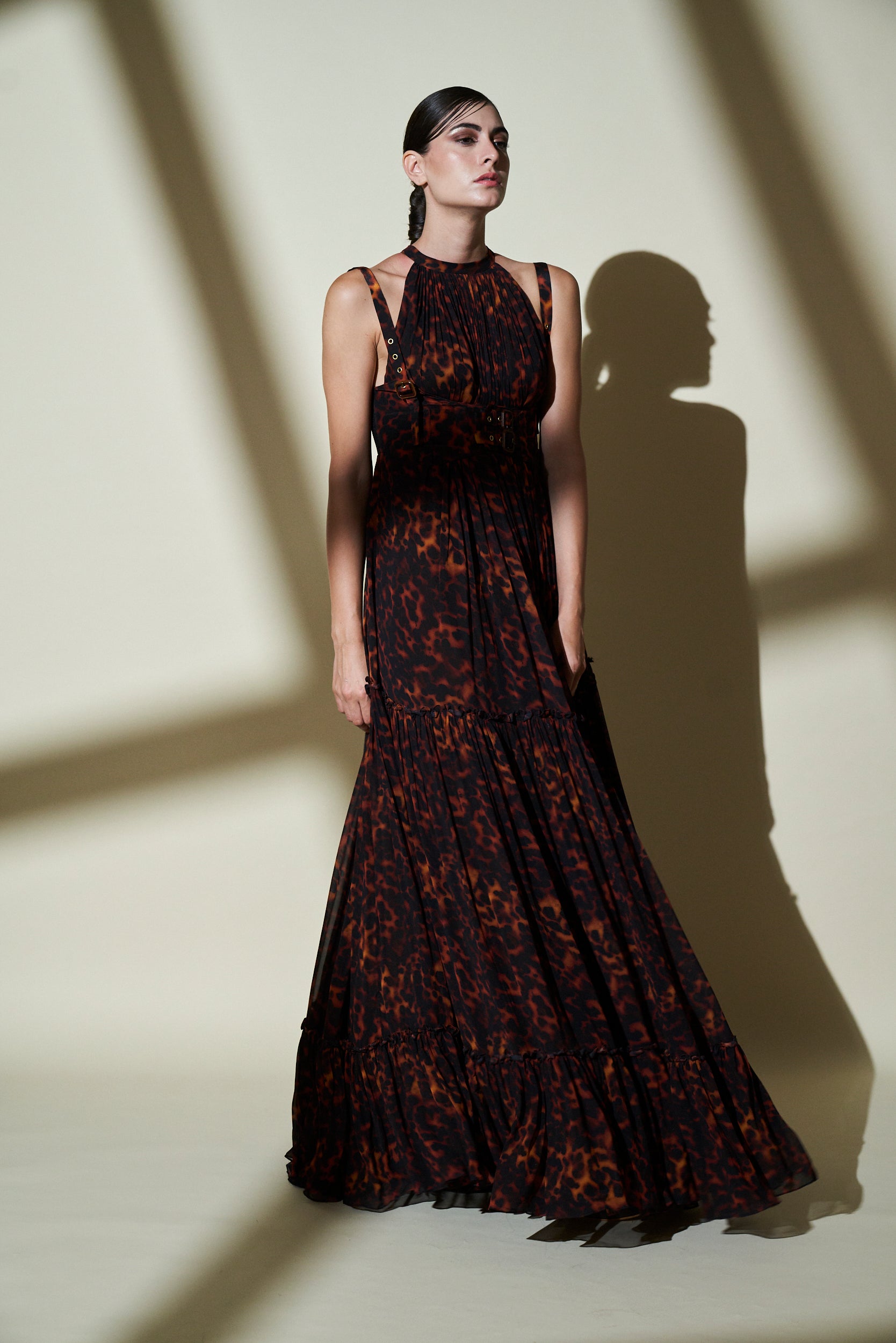 Vaani Kapoor Stone Print Tiered Maxi Dress with Bracelet - Elegant Boho Chic Women's Long Dress for Summer, Beach, Parties & Special Occasions