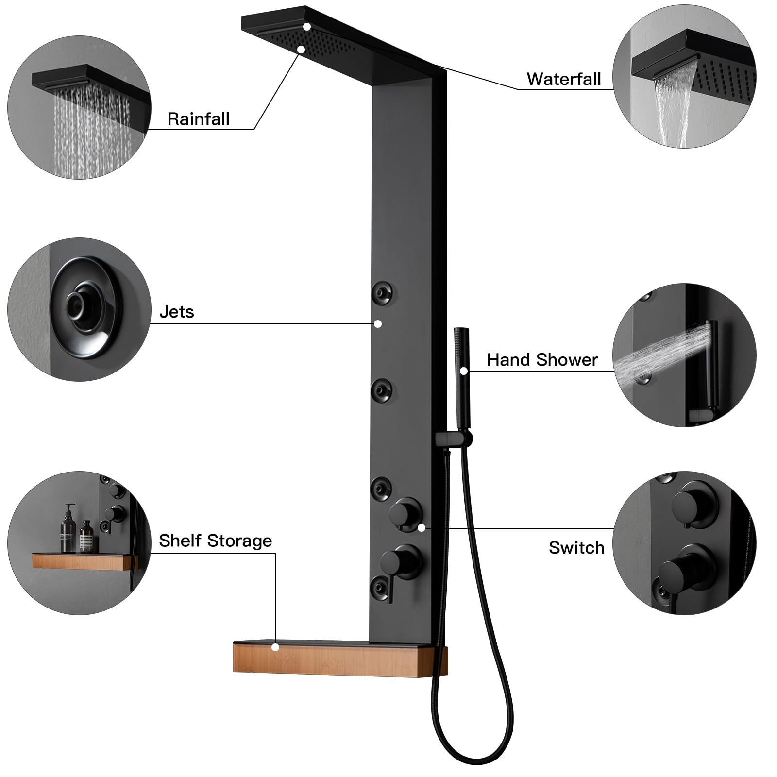 BWE 4-in-1 Stainless Steel Shower Panel Tower System with Rainfall Shower Head, Handheld Massage Spray, Body Jets & Storage Shelf - Multi-Function Bathroom Upgrade for Spa-Like Experience