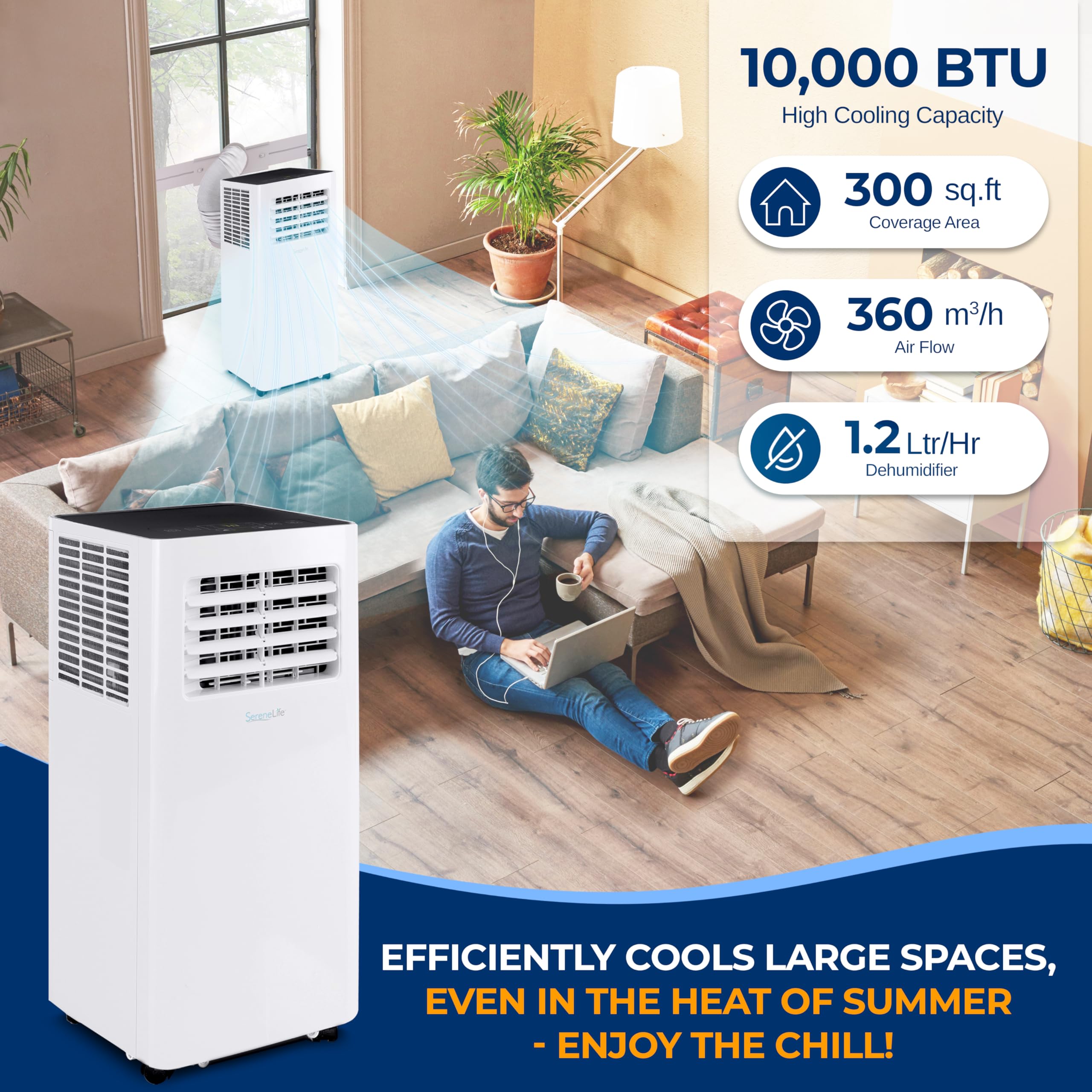 SereneLife 10,000 BTU Portable Air Conditioner with Dehumidifier - WiFi & Remote Control for Rooms Up to 450 Sq Ft - Window Mount Kit Included - Perfect for Bedroom, Office & Small Spaces Cooling