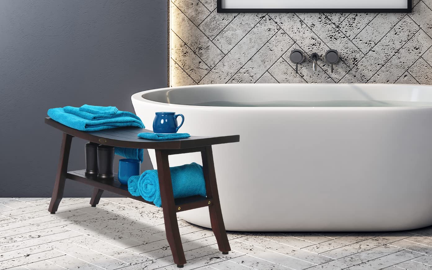 Decoteak Satori 28-Inch Brown Waterproof Teak Wood Shower Bench with Storage Shelf - Non-Slip Bathroom Stool Seat for Safety & Organization - Perfect for Elderly, Spa, and Small Space Bathrooms