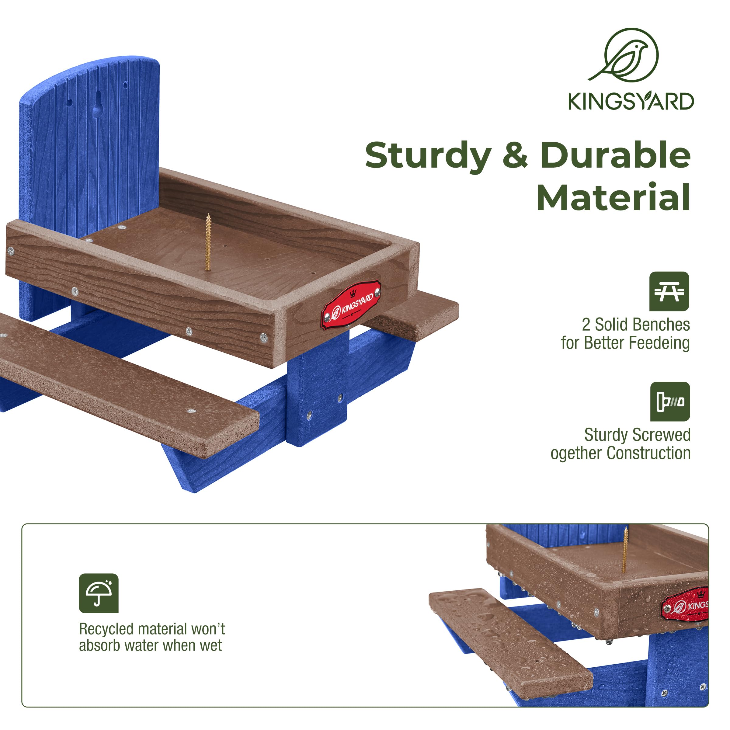 Kingsyard Outdoor Squirrel Feeder Table - Durable Recycled Plastic Chipmunk Picnic Feeder with Corn Cob Holder & 2 Sturdy Benches, Easy to Clean (Blue) - Perfect for Backyard Wildlife Watching & Garden Decoration