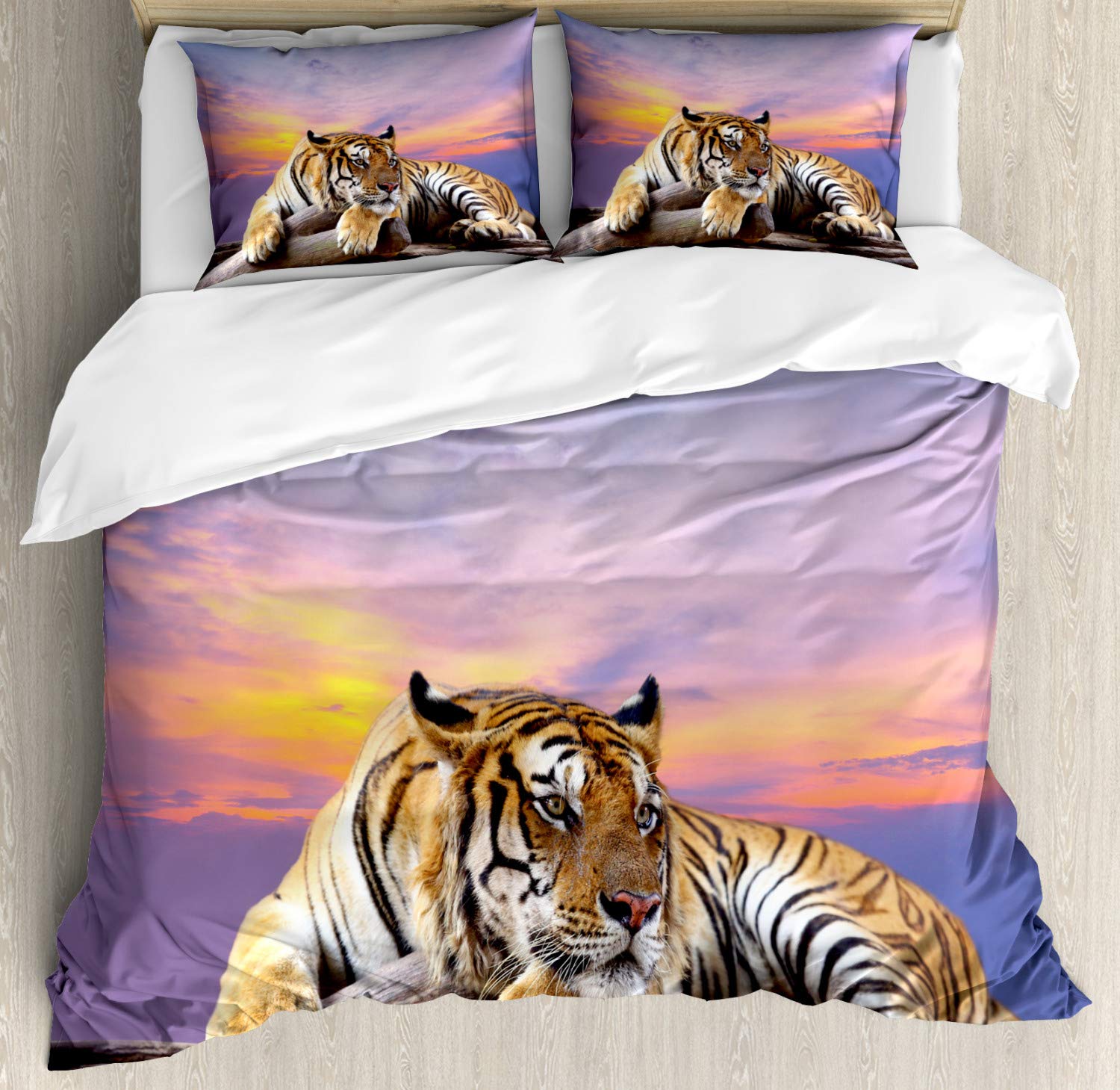 Ambesonne Savannah Duvet Cover Set - Tiger on Wood with Blue Sky Ombre Sunset Design, 3-Piece Bedding Set with 2 Pillow Shams, California King Size, Lavender & Mustard Stripes - Perfect for Jungle Themed Bedrooms, Wildlife Lover's Home Decor, and Unique Gift Ideas