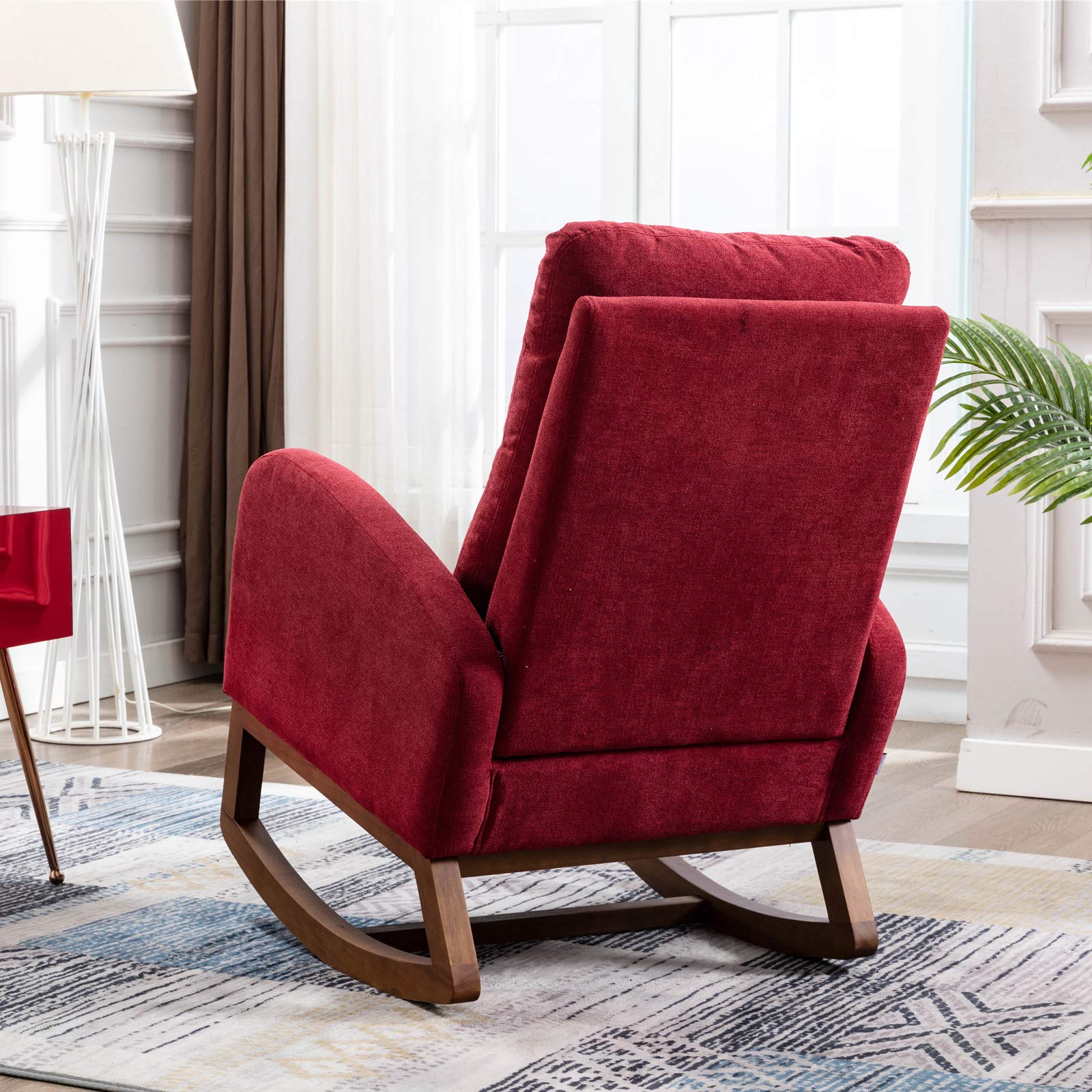 Mid Century Modern Upholstered Rocking Chair with Wooden Padded Seat & 2-Side Pockets - Fabric Accent Armchair for Nursery, Living Room & Indoor Use (Red) | Perfect for Breastfeeding, Reading Nook & Relaxation