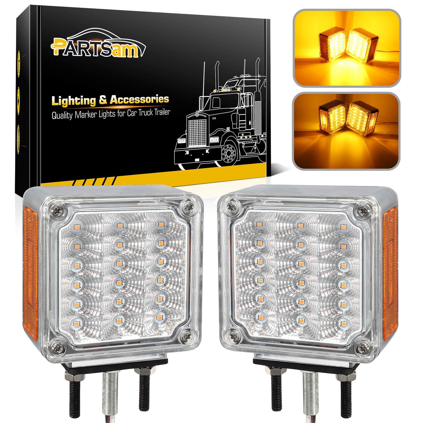 Partsam 2Pcs Amber Square Double Face LED Turn Signal Lights & Parking Lights - Clear Lens, 39 LED Pedestal Fender Stud Mount for Trucks & Trailers | Durable, Waterproof & Bright for Safe Night Driving & Off-Road Adventures