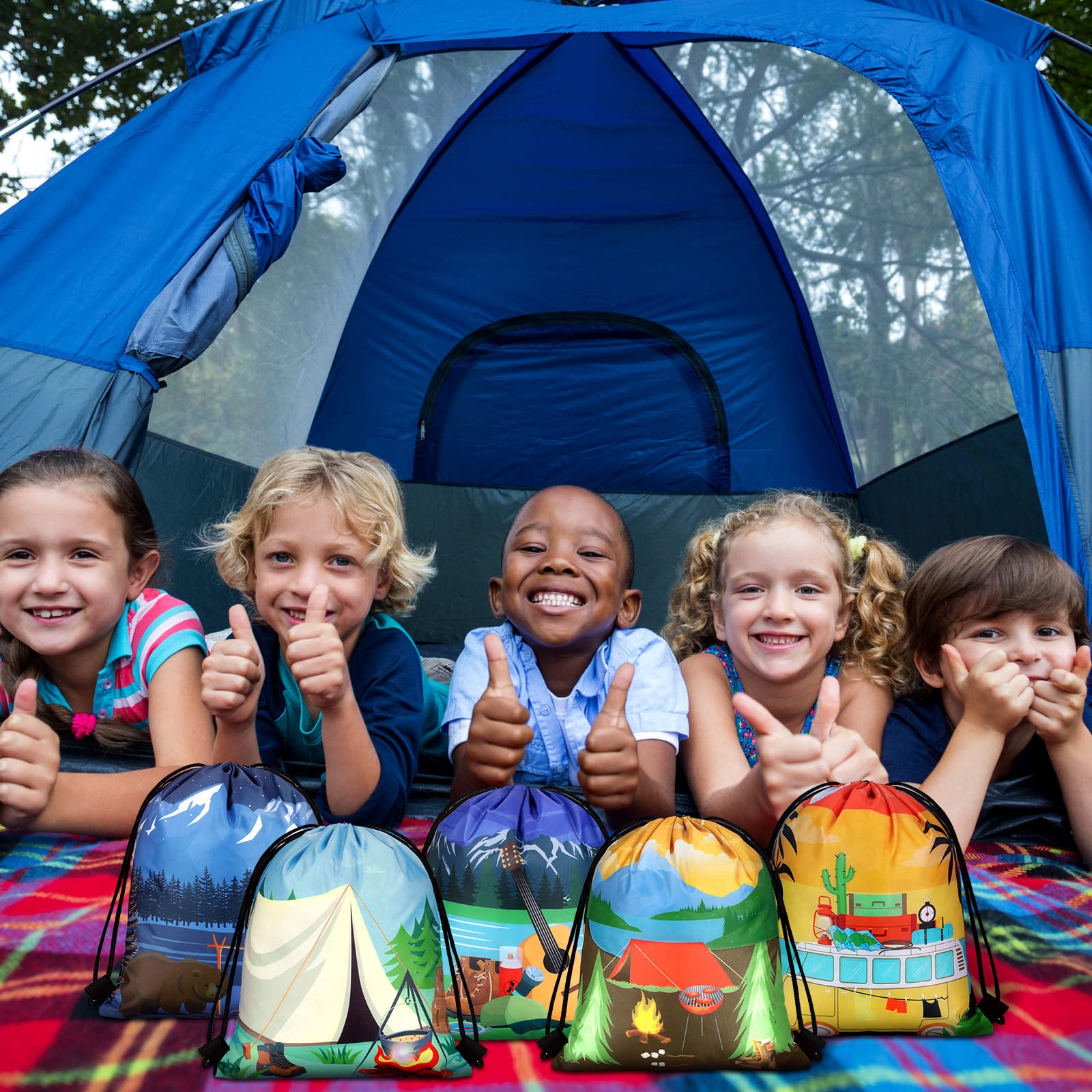24-Piece Camping Party Favors Set - Adventure Themed Drawstring Bags for Kids, Candy Goodie Bags, Birthday Party Supplies & Outdoor Activities - Perfect for Camping Trips, School Events & Birthday Celebrations