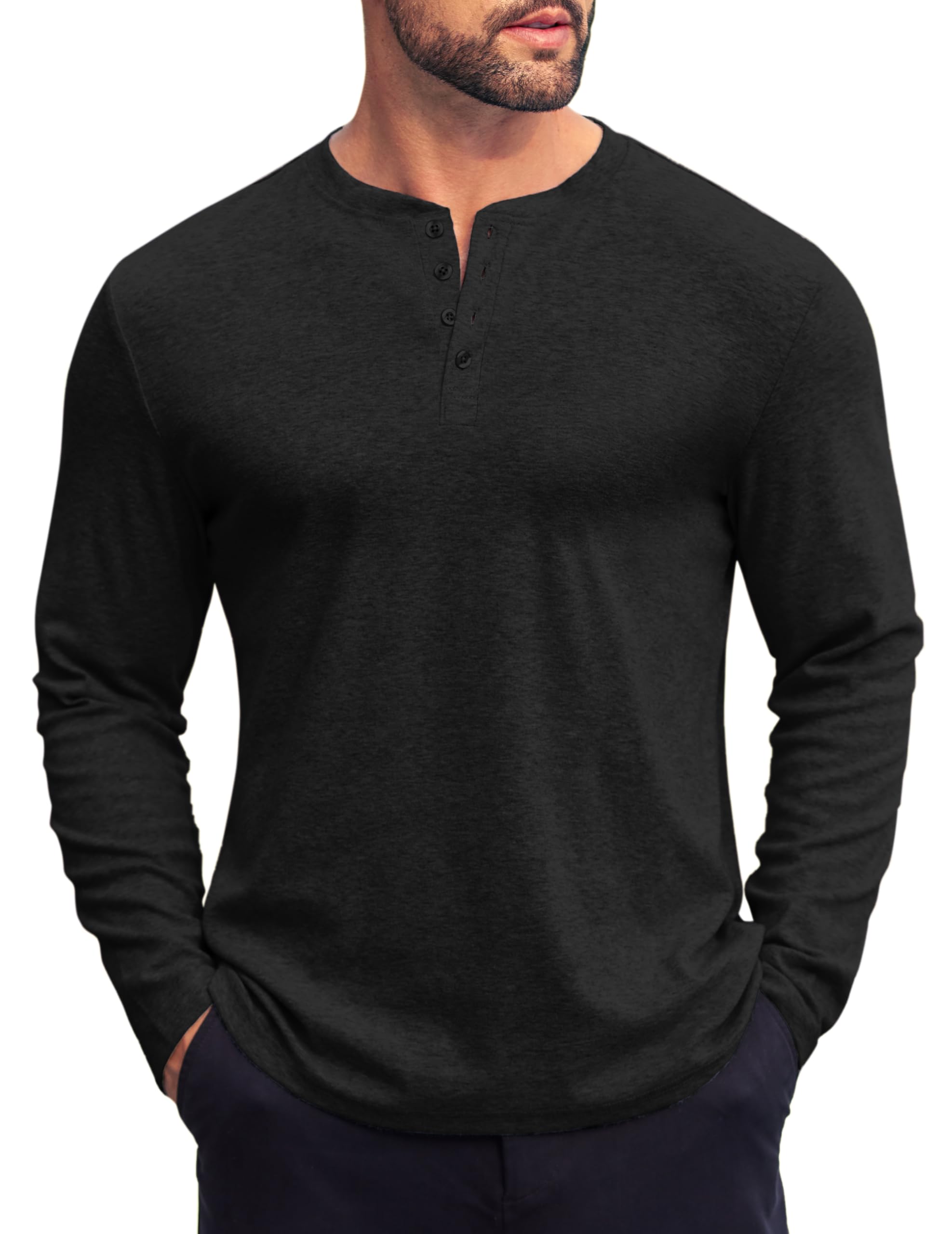 COOFANDY Men's Slim Fit Long Sleeve Henley Shirt with 4 Buttons - Casual Basic Pullover Top for Everyday Wear, Date Night & Outdoor Activities