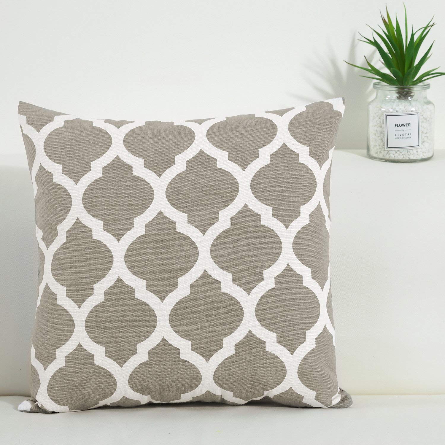 TAOSON Dark Gray and White Moroccan Quatrefoil Pattern Cotton Canvas Pillow Cover - 18x18 Inch (45x45cm) Square Decorative Cushion Cover with Hidden Zipper - Perfect for Sofa, Bed, Chair & Home Decor