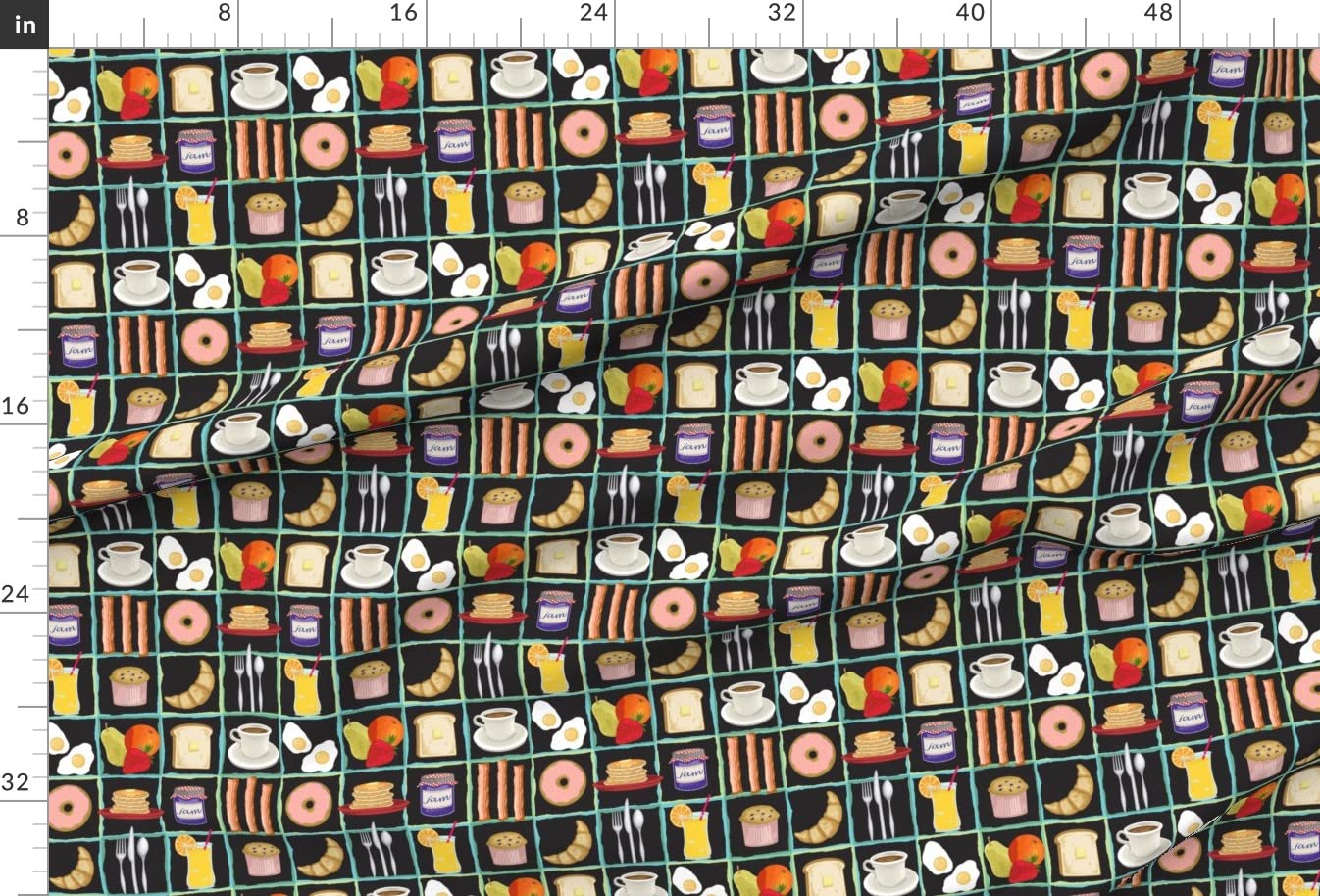 Whimsical Breakfast Pancakes Fruit Coffee Printed Velvet Fabric by The Yard - Upholstery, Home Decor & Apparel Material for Kitchen Curtains, Throw Pillows & DIY Crafts