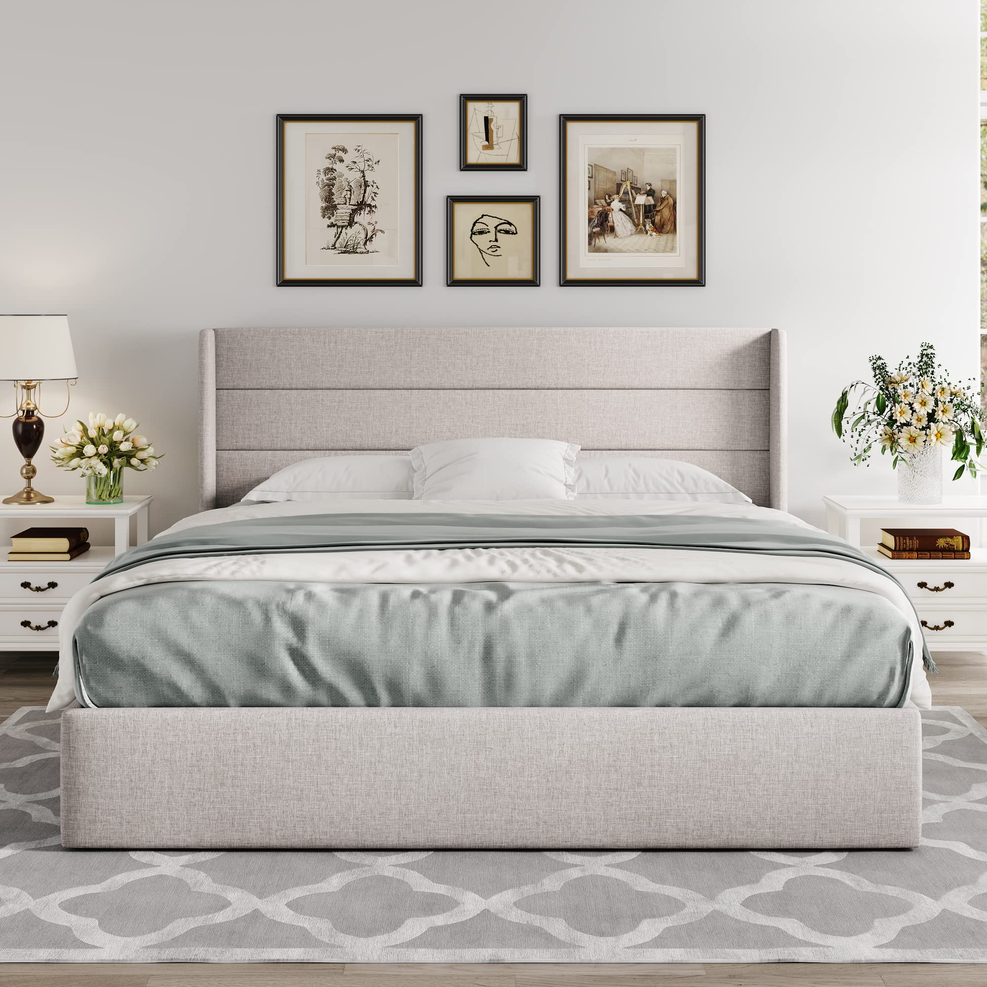 Allewie King Size Lift Up Storage Bed with Modern Wingback Headboard - Hydraulic Support, No Box Spring Needed, Light Beige - Perfect for Small Spaces & Bedroom Organization