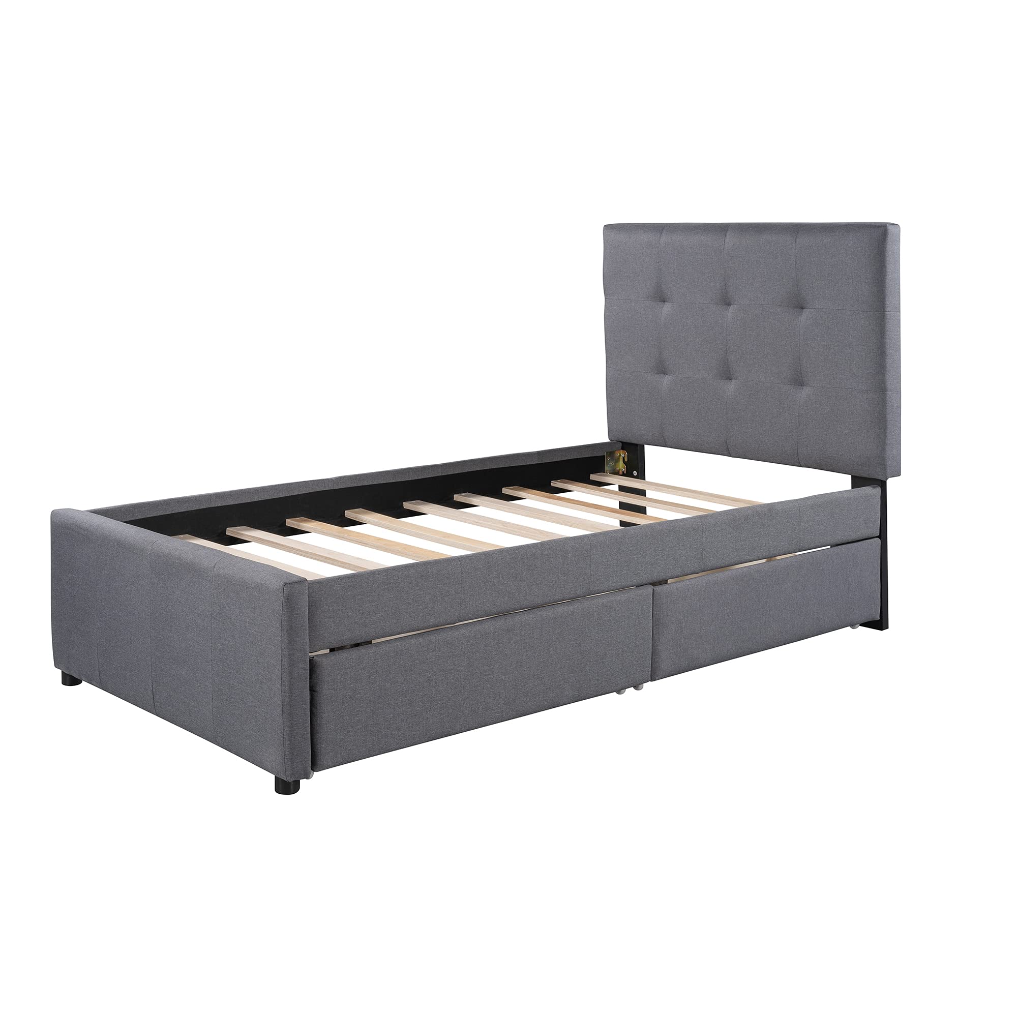 Quarte Linen Upholstered Platform Bed with Headboard - Twin Size Bed Frame with 2 Rolling Storage Drawers & Wooden Slats Support - No Box Spring Needed - Perfect for Kids & Adult Bedrooms (Gray) | Modern Space-Saving Bedroom Furniture for Small Rooms & Apartments