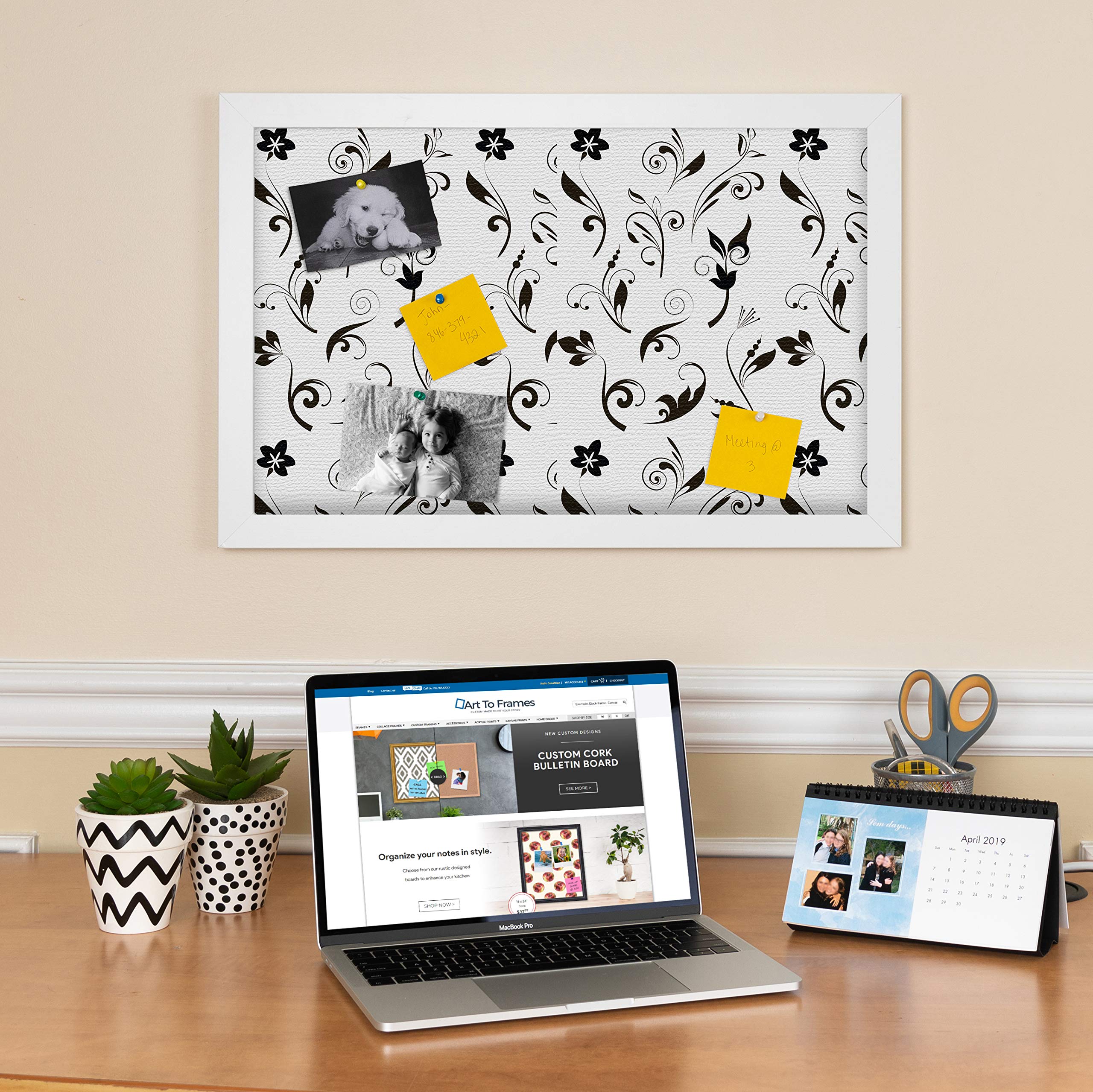 ArtToFrames 36x24 Inch Floral Cork Bulletin Board - 2x3 Feet Custom Fabric Canvas Pin Board with Black Flower Design, White Satin Frame (PinPix-123-36x24_FRBW26074) - Perfect for Home Office, Classroom Decor or Gift Idea