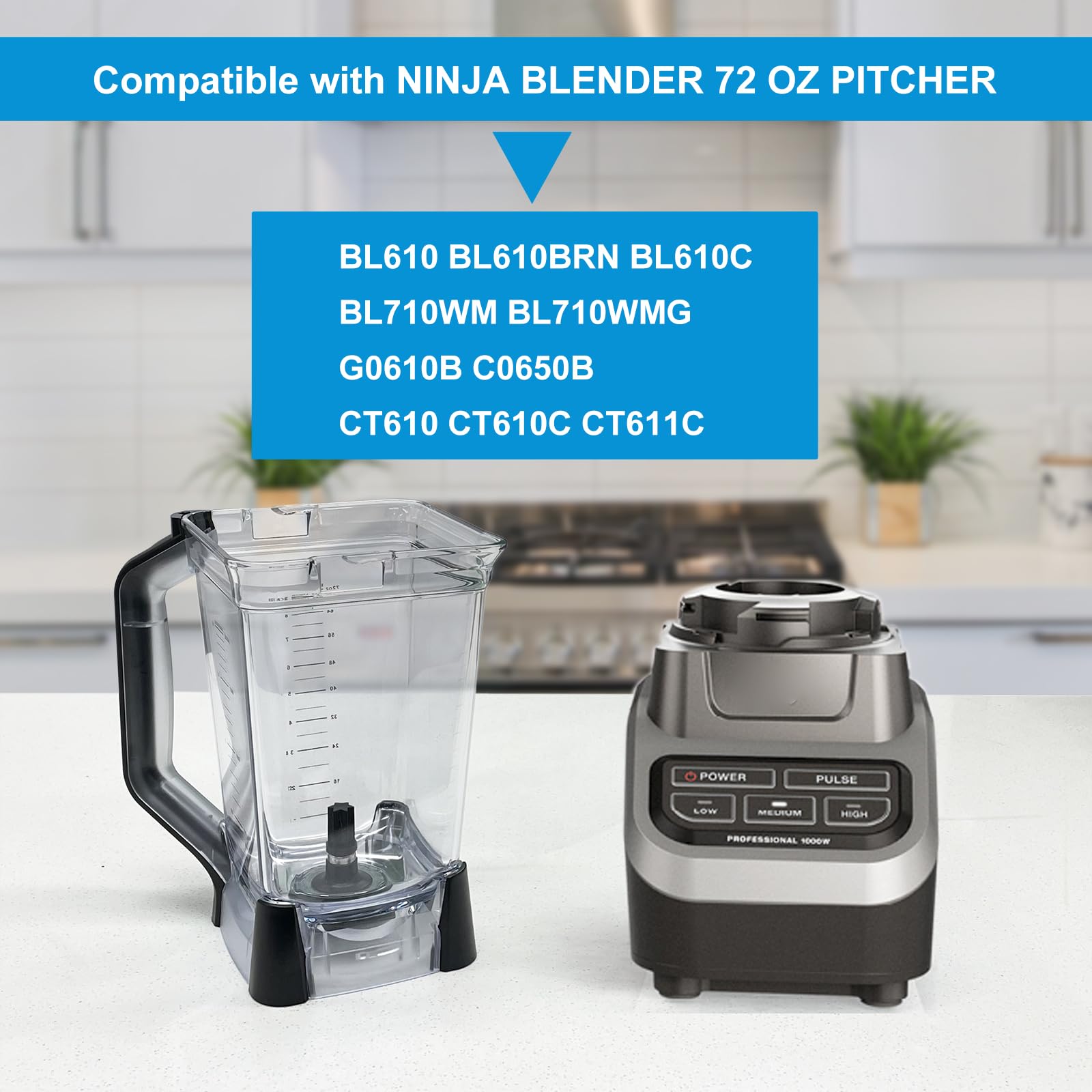 Original Ninja Blender Replacement Parts - 72 oz (9 Cups) XL Crushing Pitcher for BL610 BL710WM BL710WMC CO610B CO650B CT610 Models - Perfect for Smoothies, Ice Crushing & Food Prep