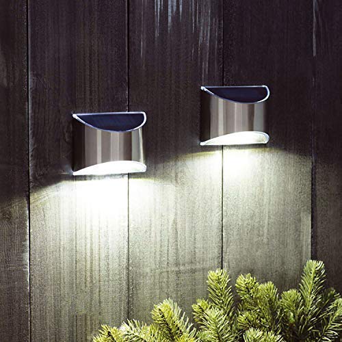 Dusk Till Dawn Outdoor Solar Lights 4 Pack - Stainless Steel Weatherproof Security Wall Lights for Fence, Steps & Pathways | Wireless Solar Powered for Easy Installation | Perfect for Backyard, Garden & Patio Lighting