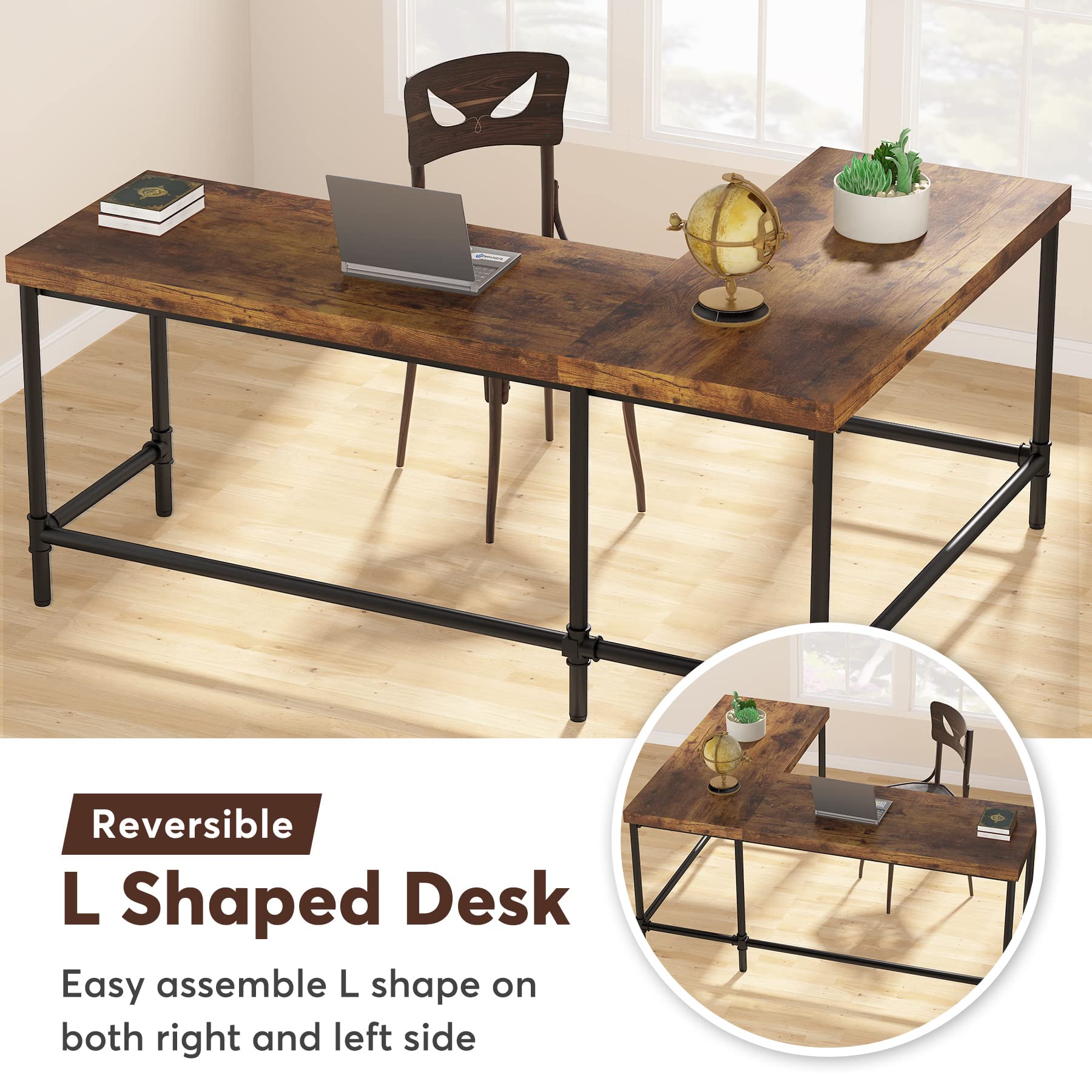 Tribesigns 67 Inch L-Shaped Computer Desk - Reversible Corner Office Desk with Metal Pipe Legs, Industrial Style Workstation for Home Office, Study & Gaming (Rustic Brown) | Perfect for Small Spaces & Multi-Monitor Setups