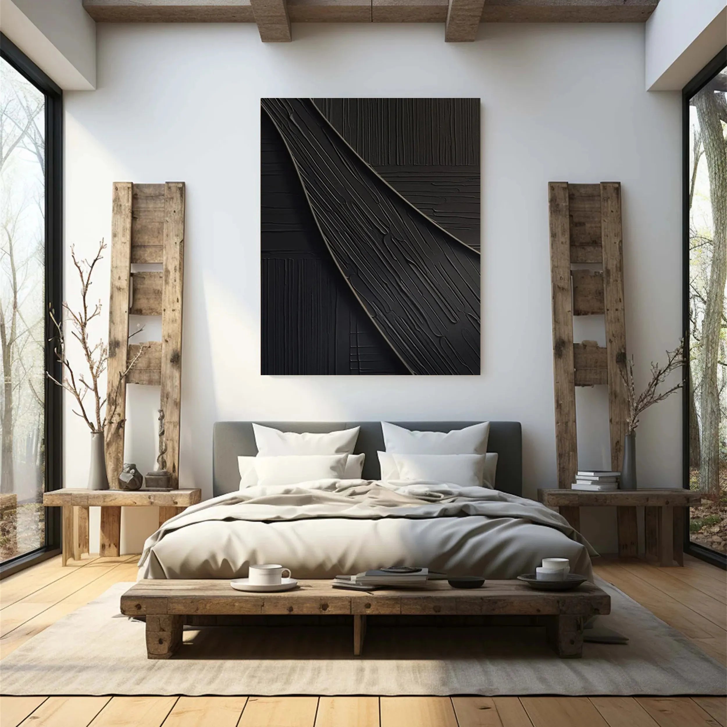 Black Plaster Art Minimalist Textured Wall Painting - Modern Abstract Home Decor for Living Room, Bedroom & Office #MZ112
