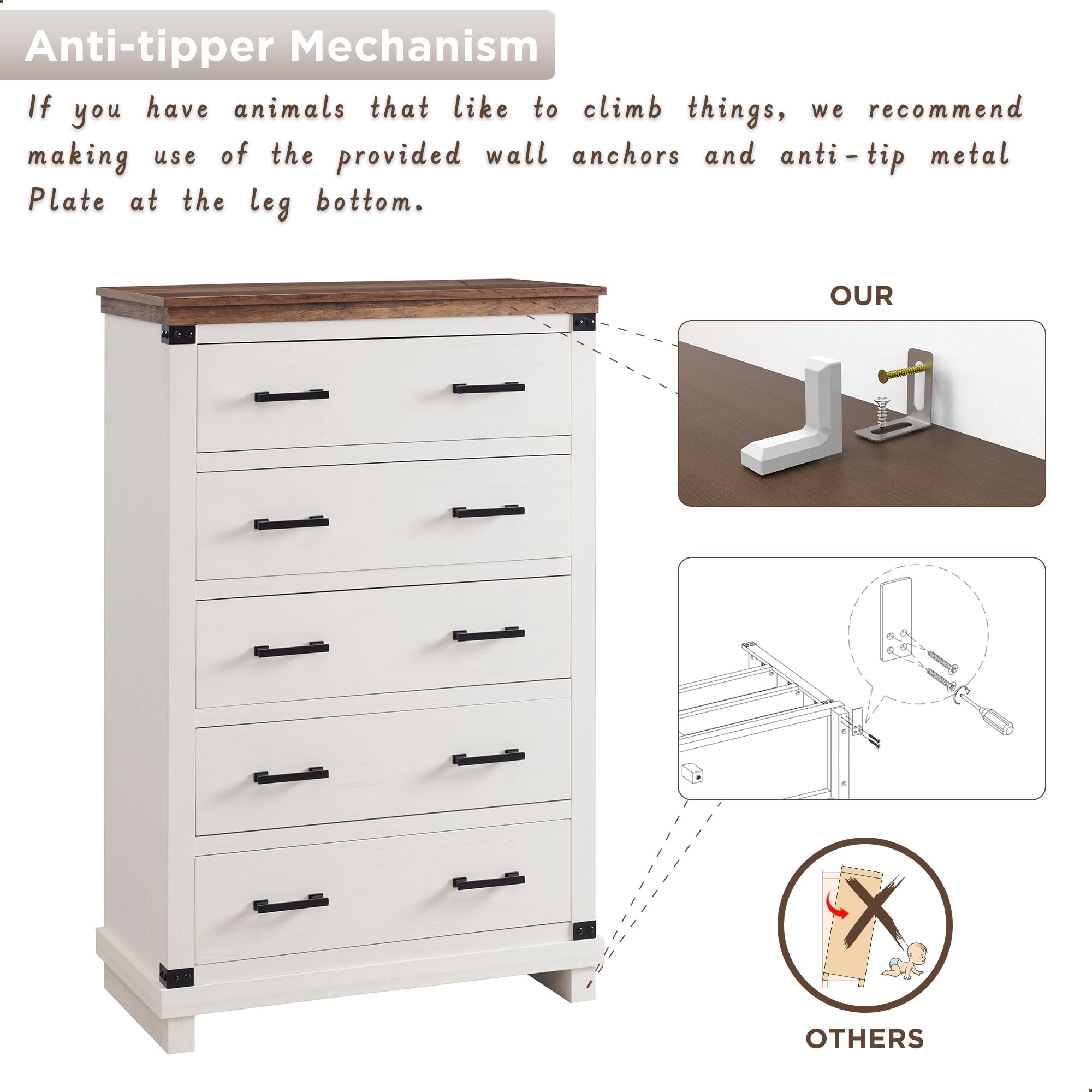 Farmhouse 5-Drawer Wood Dresser for Bedroom - Tall Chest of Drawers with Thick Plank Design, Rustic Closet Storage Organizer in Antique White - Perfect for Bedroom, Living Room & Guest Room Furniture