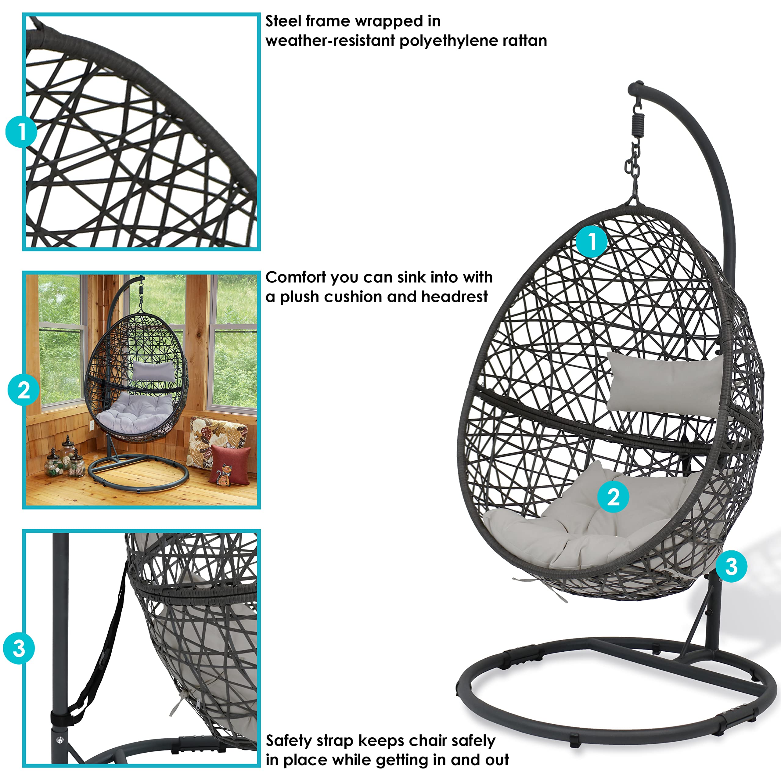 Sunnydaze Caroline Hanging Egg Chair Swing with Steel Stand - All-Weather Resin Wicker Porch Swing Chair - Large Basket Design Outdoor Lounging Chair with Gray Cushions - Perfect for Patio, Garden, Backyard Relaxation