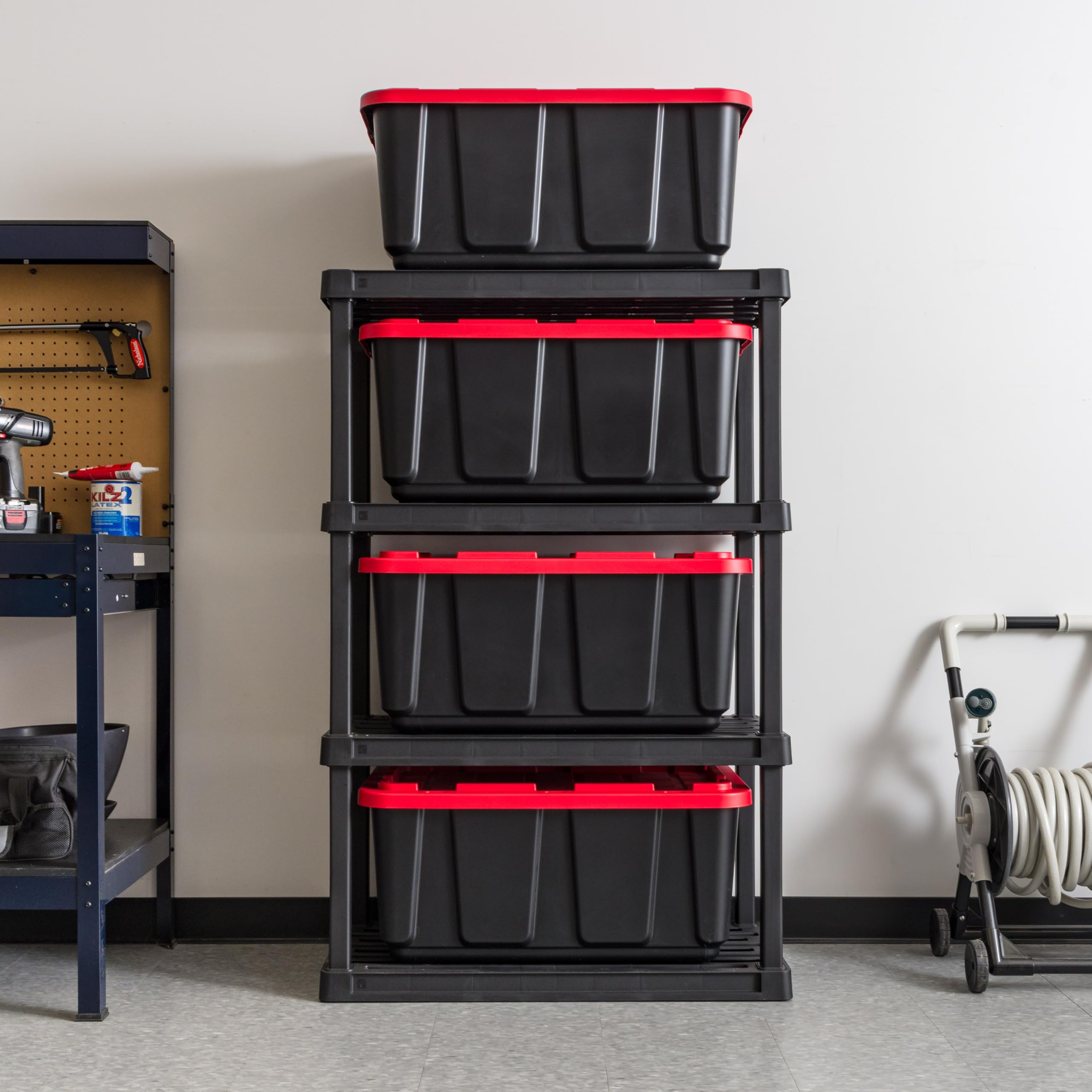 IRIS USA 27 Gallon Heavy Duty Truck Bed Toolbox Storage Tote Bins with Lids, 4 Pack - Durable Stackable Industrial Containers for Garage Organization, Workshop & Outdoor Use - Made in USA - Black/Red