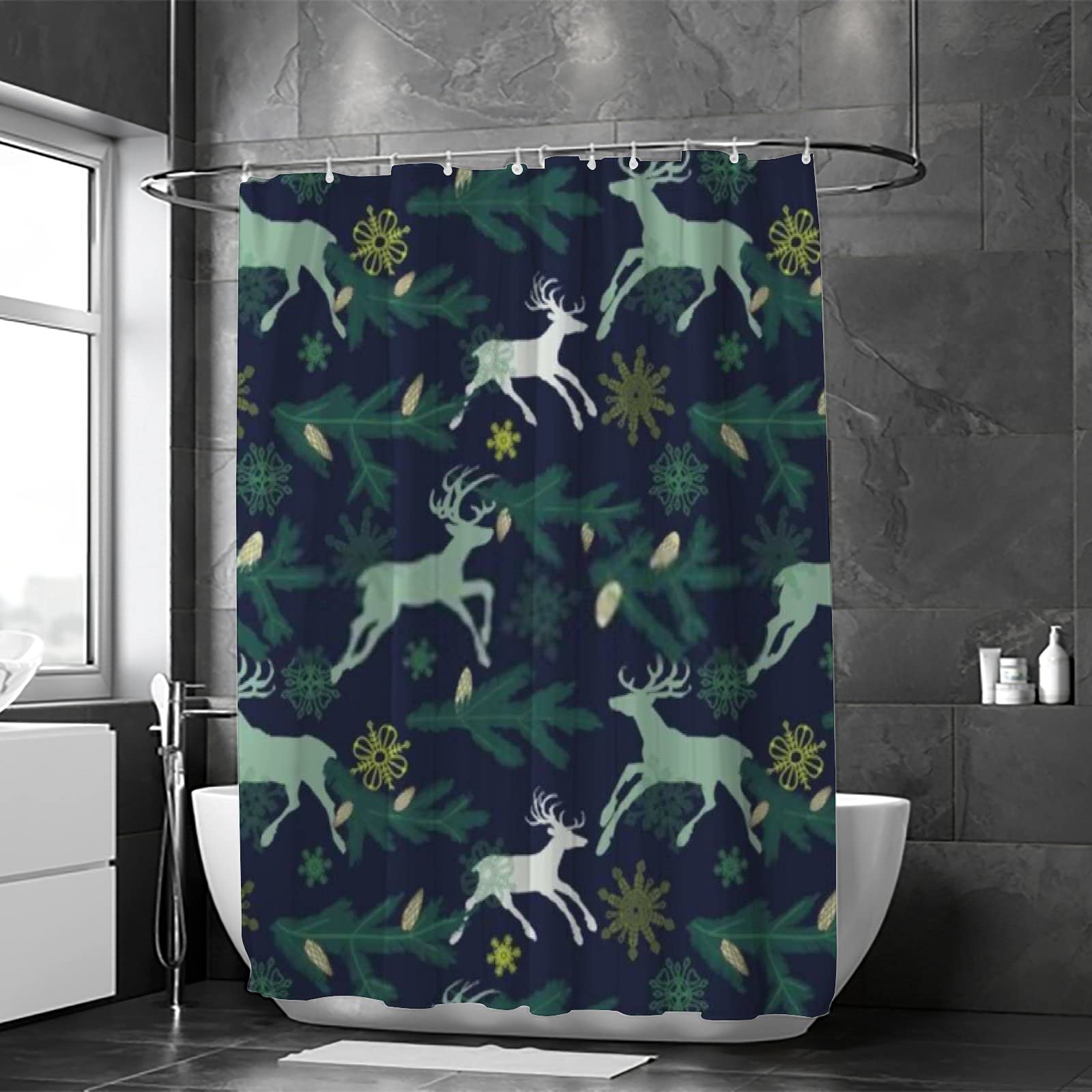 ZhimI Waterproof Polyester Shower Curtain Set with 12 Hooks - Christmas Deer Pine Tree Snowflake Design Dark Green Bathroom Decor - Machine Washable Fabric for Holiday Home Decor & Gift Giving