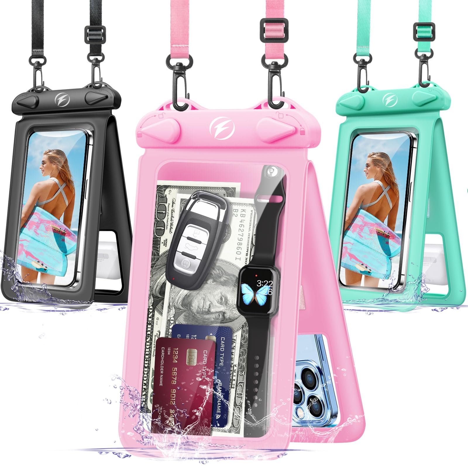 Waterproof Phone Pouch 3-Pack - IPX8 Underwater Phone Case with Adjustable Lanyard for iPhone & Smartphones - Ideal for Beach, Swimming, Kayaking & Water Sports
