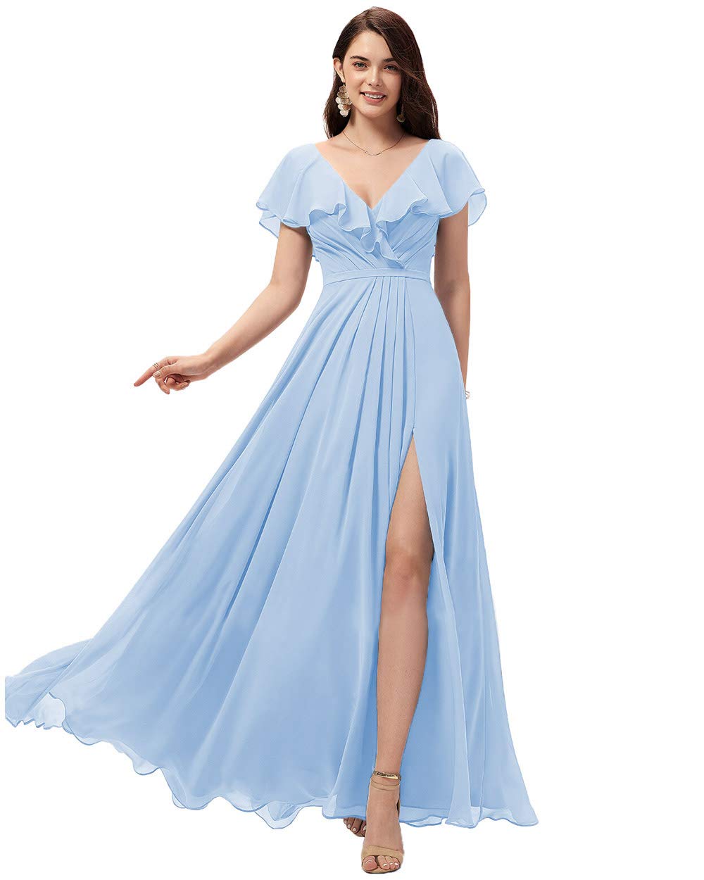 Elegant V-Neck Long Chiffon Bridesmaid Dress with Slit & Ruffle Detail - Formal Evening Gown for Women - Perfect for Weddings, Prom & Special Occasions