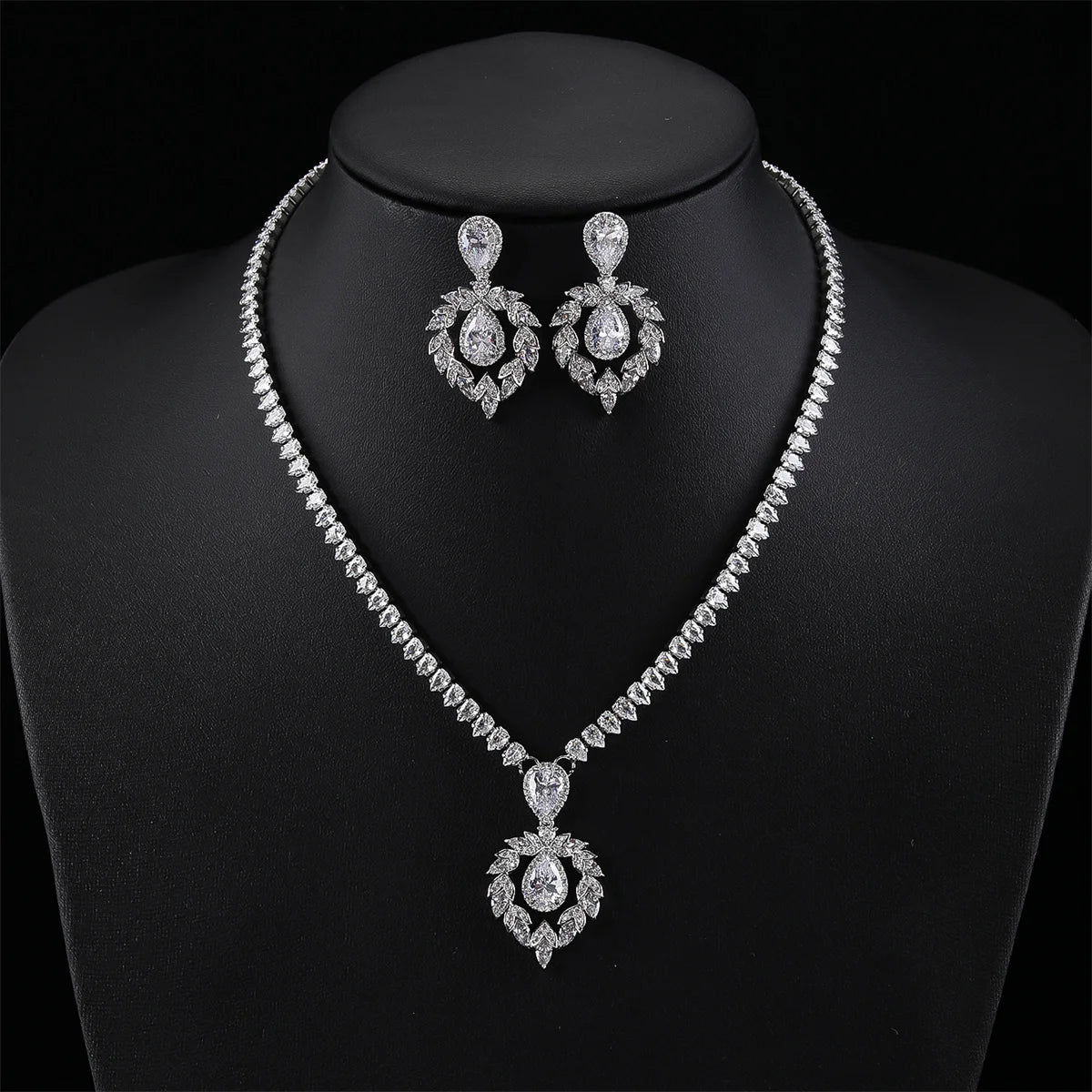 Elegant CZ Waterdrop Cubic Zirconia Pendant Necklace & Earrings Set - Bridal Wedding Jewelry for Women - Perfect Gift for Bride, Anniversary & Special Occasions