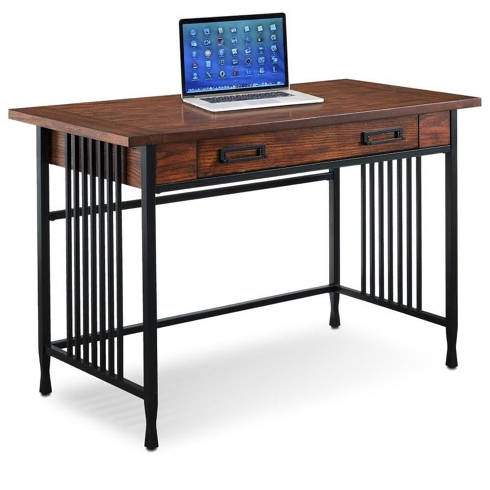 BOWERY HILL Ironcraft Mission Oak Computer Desk - Home Office Workstation for Study, Gaming & Remote Work
