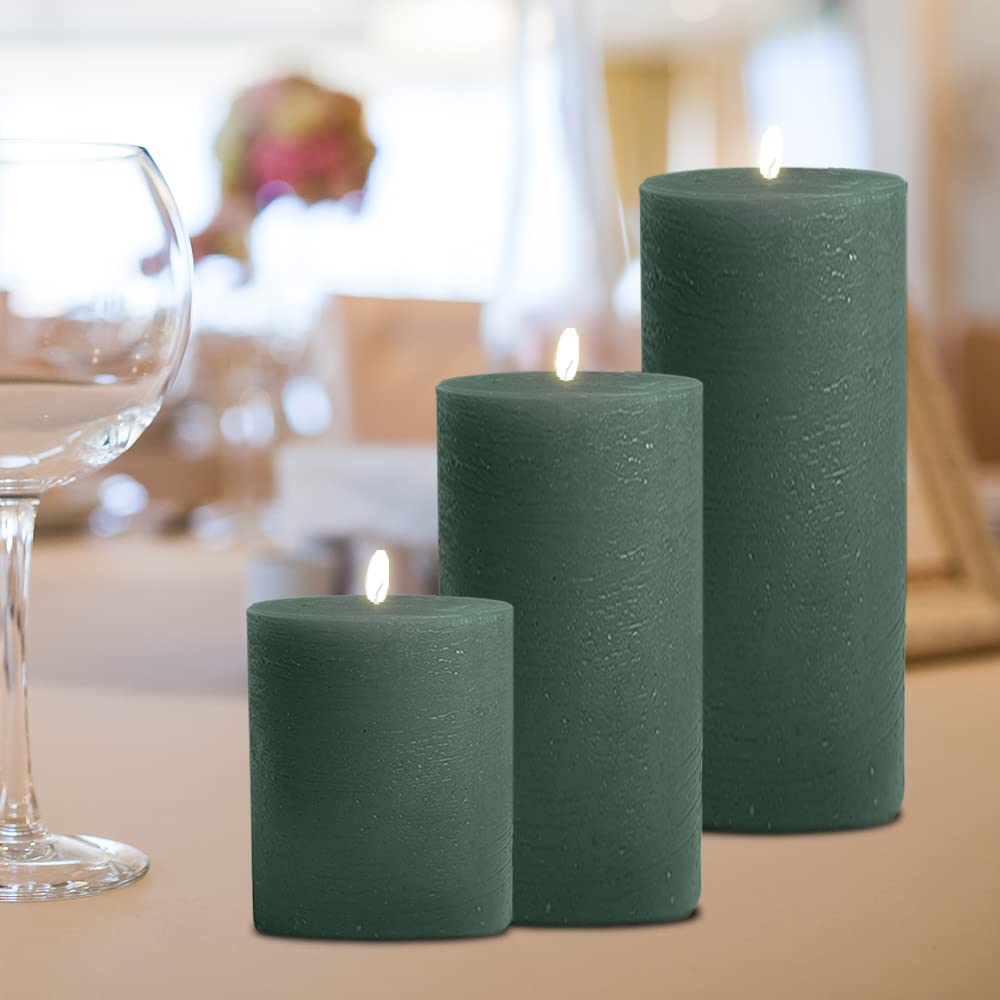 BASK Mottled Dark Green Unscented Pillar Candles Set of 3 - Dripless Large Smokeless Candles for Weddings, Home Decor, Holidays & Special Occasions