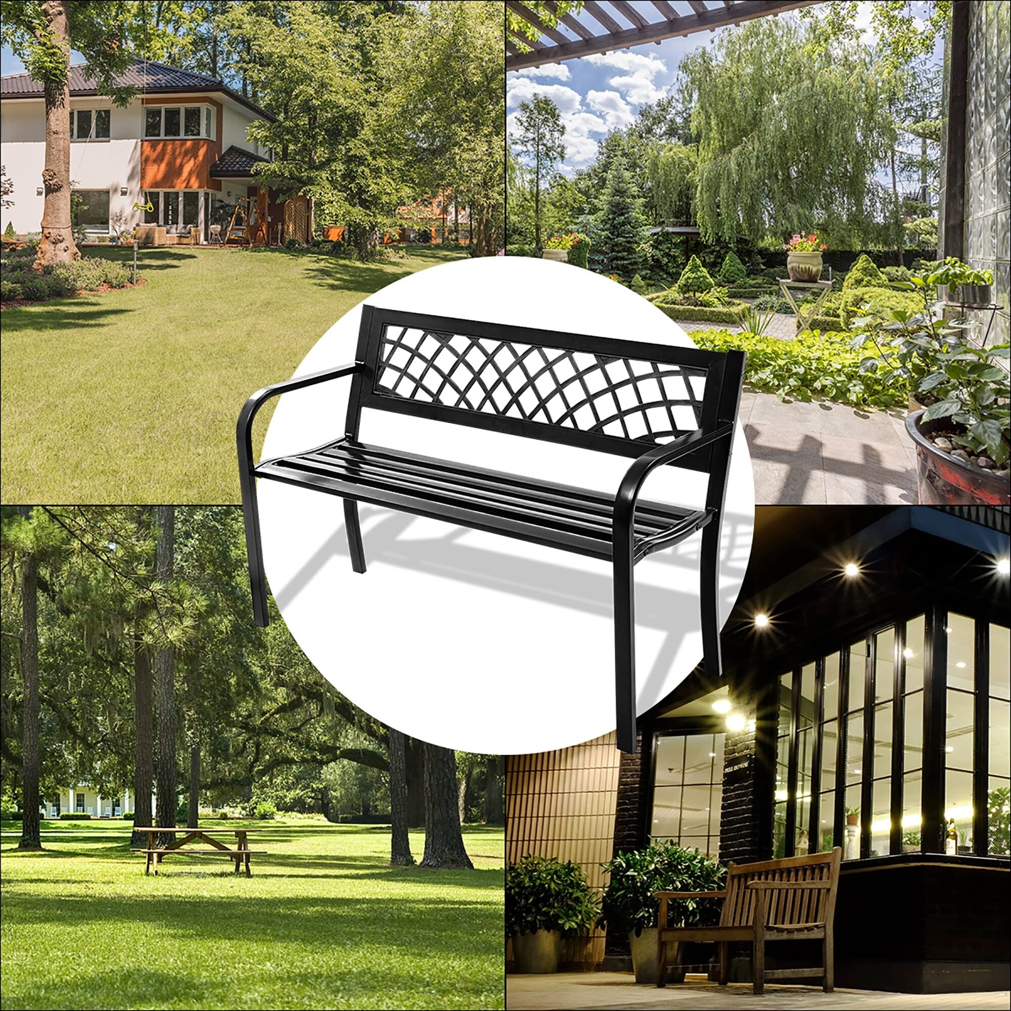 Modern Black Cast Iron Garden Bench - Patio, Park & Yard Loveseat Furniture - Durable Steel Frame for Outdoor Seating, Relaxation & Decoration