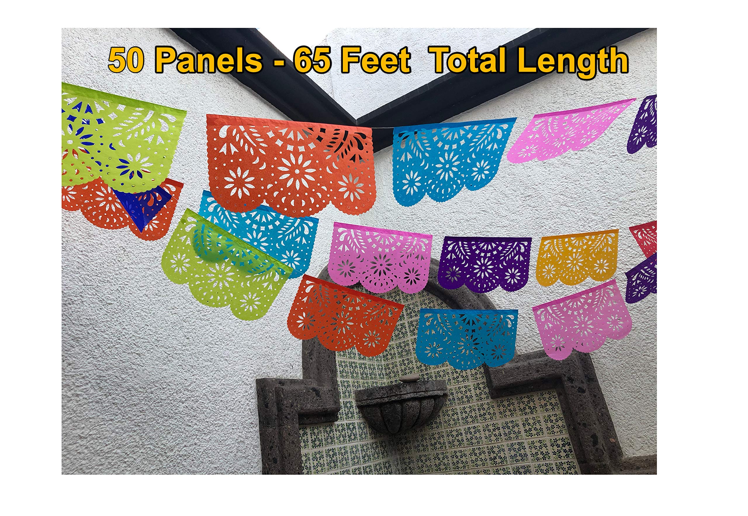 Authentic Mexican Papel Picado Banner - 5 Count Colorful Tissue Paper Fiesta Decorations with 50 Vibrant Flower Panels (65.5 Feet Total) for Cinco de Mayo, Day of the Dead, Weddings & Home Party Decor