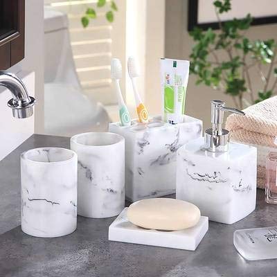 Premium 4-Piece Resin Bathroom Accessories Set with Soap Dispenser & Toothbrush Holder - Modern Bathroom Organizer for Home, Apartment, Hotel - Perfect for Vanity Countertop, Sink Area, and Guest Bathroom Decor