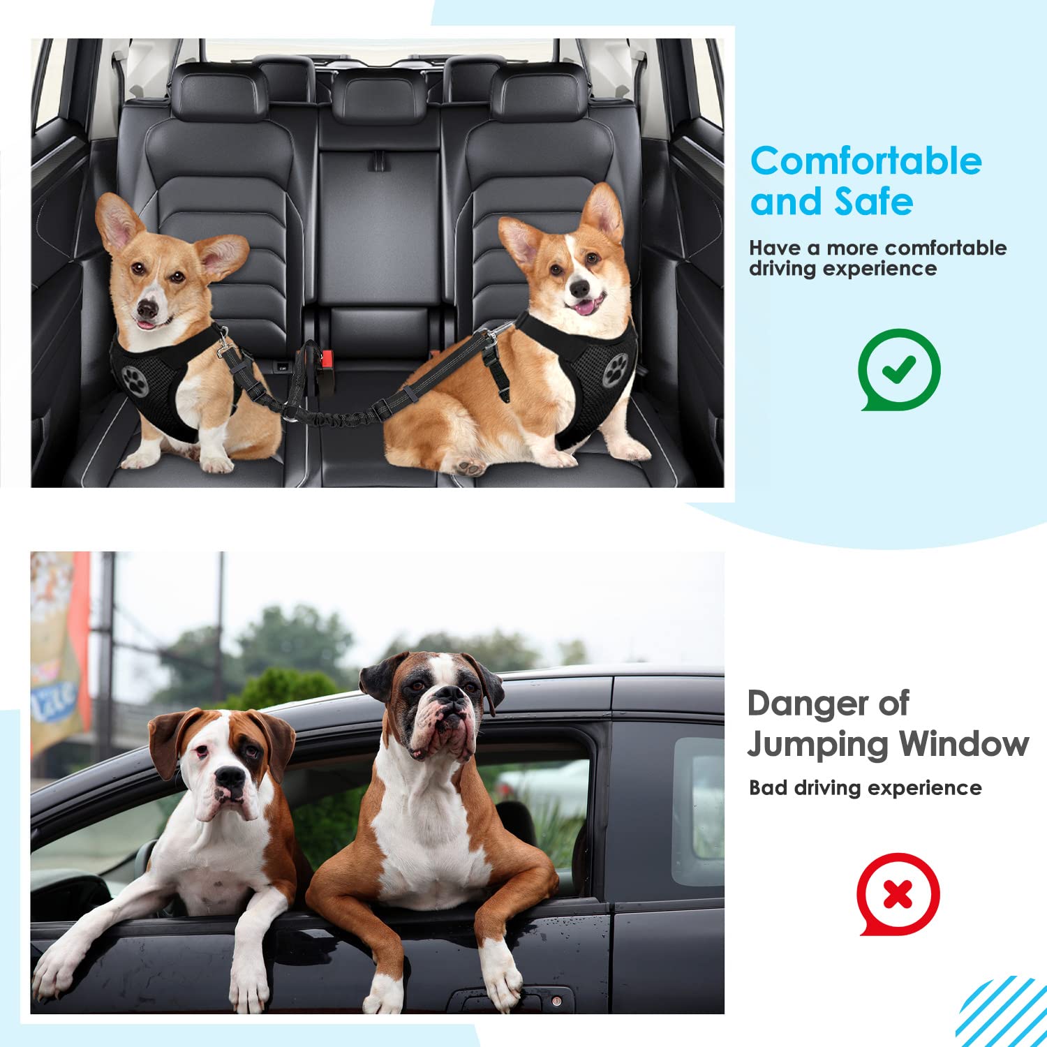 SlowTon Adjustable Double Dog Seat Belt - Y-Shape No Tangle Pet Car Harness with Elastic Bungee & Reflective Safety Leash for Vehicle Travel | Perfect for Road Trips with Two Dogs (Black, Medium)
