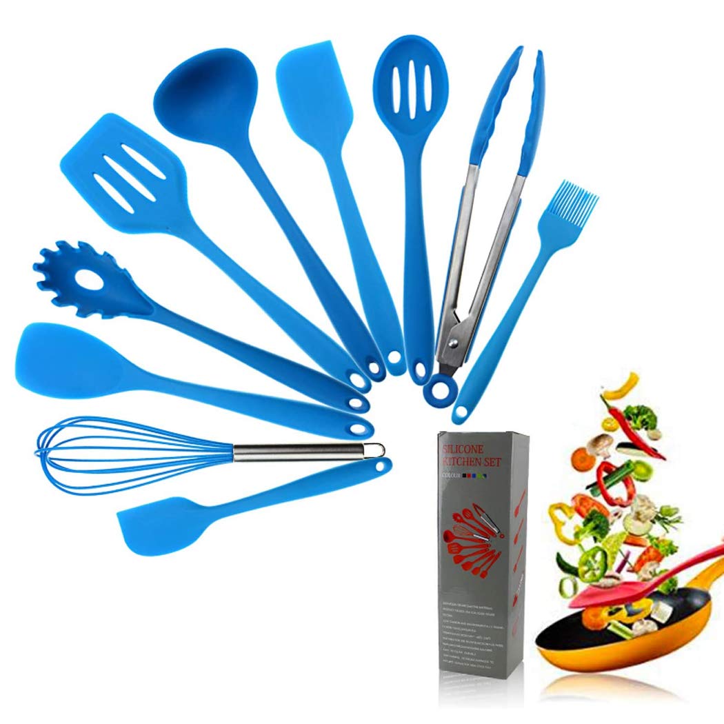 Hoshen 10-Piece Silicone Kitchen Utensil Set - 5 Colors, Non-Stick, Heat-Resistant Spatulas for Cooking & Baking - Perfect for Frying Pans, Pots & Bakeware (Blue)
