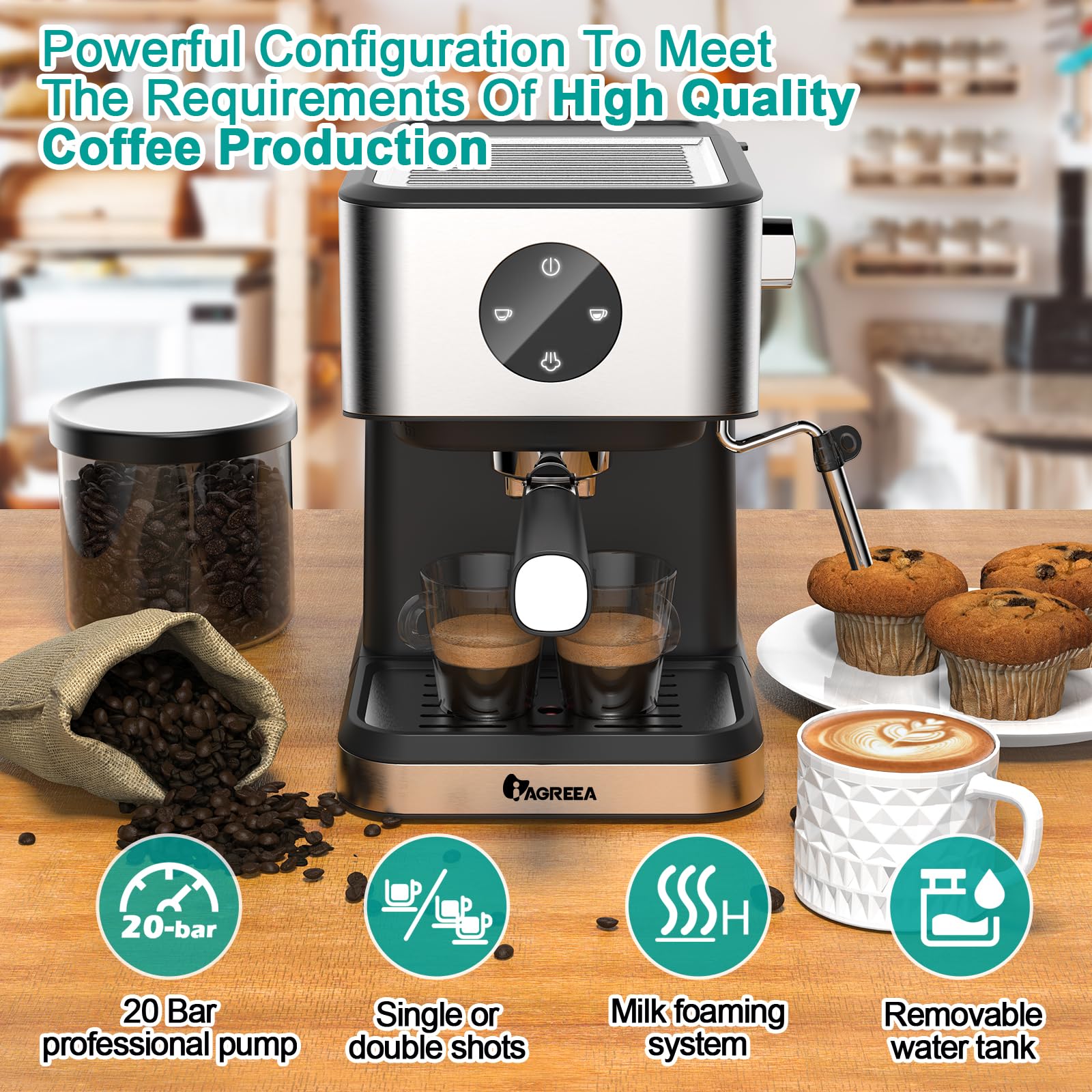 IAGREEA 20 Bar Espresso Machine with Milk Frother - 50oz Water Tank, Stainless Steel Coffee Maker for Cappuccino & Latte - Home Barista Gift for Mom & Dad - Perfect for Morning Brews & Entertaining Guests