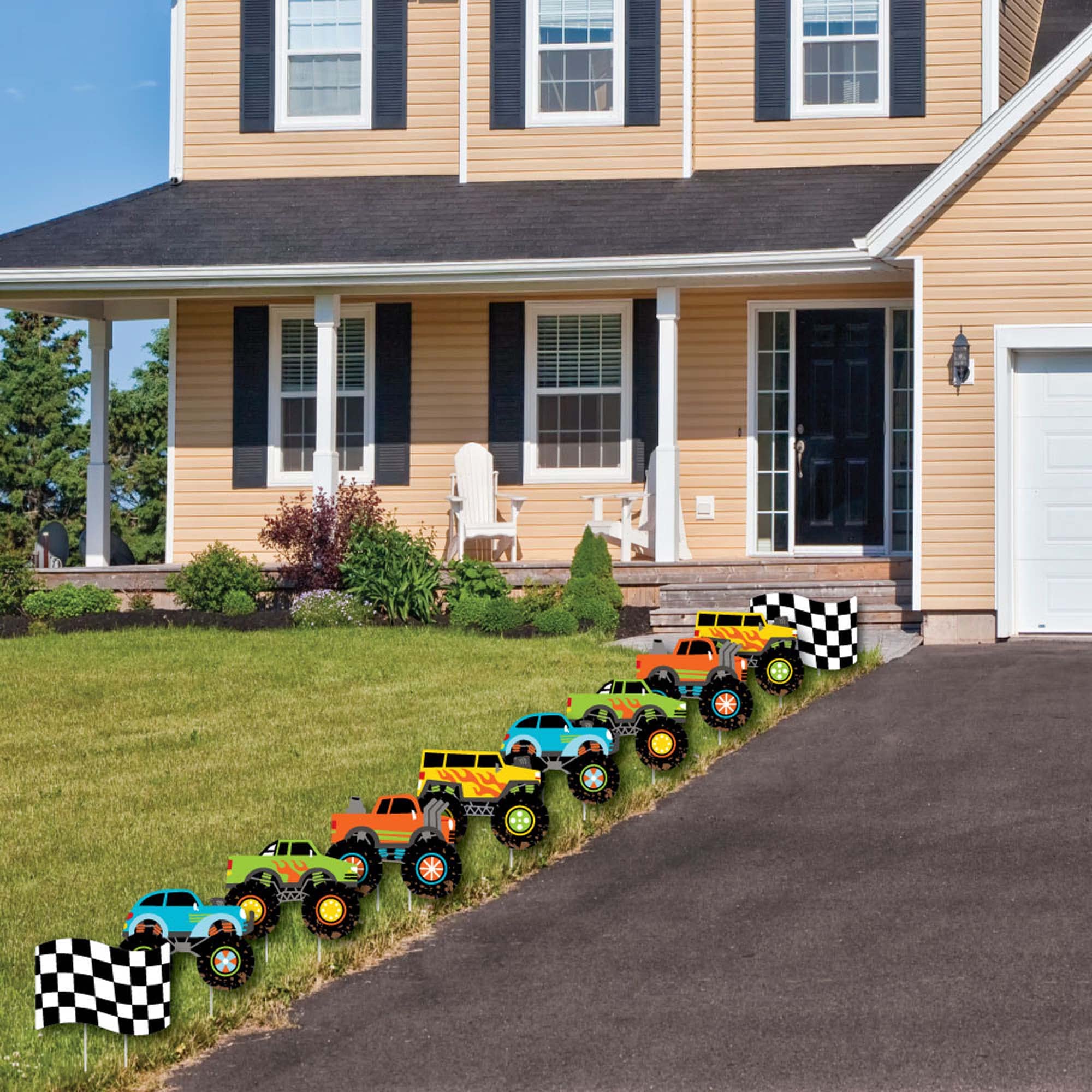 Big Dot of Happiness Smash and Crash Monster Truck Lawn Decorations - 10 Piece Outdoor Birthday Party Decor for Boys - Perfect for Yard Parties, Kids Events & Themed Celebrations