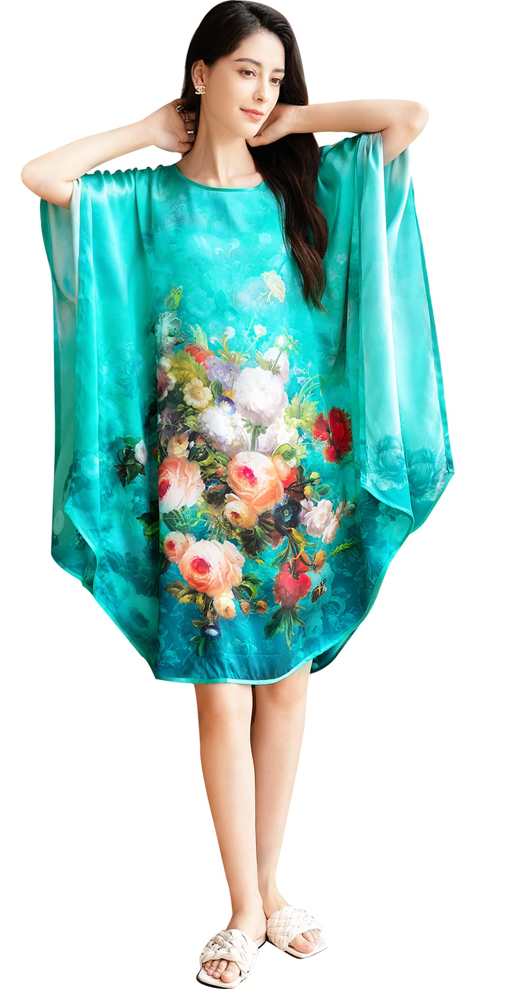 Luxury 100% Silk Pajamas for Women | Floral Print Silk Kimono Robe & Bathrobe with Doll Sleeves | Perfect for Spa Days, Bridal Showers & Relaxing at Home