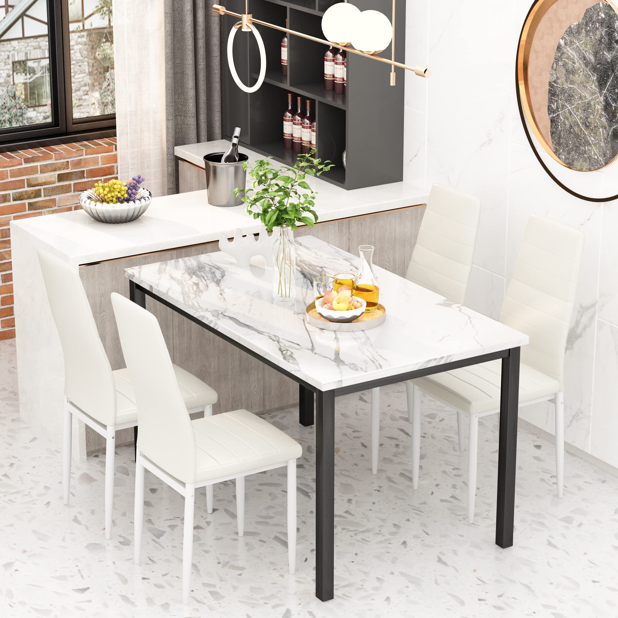 AWQM 5-Piece Dining Table Set for 4 - White Faux Marble Table with 4 PU Leather Chairs - Perfect for Small Spaces, Kitchen, Breakfast Nook & Dining Room - Compact Modern Kitchen Table Set for Apartments & Cozy Homes