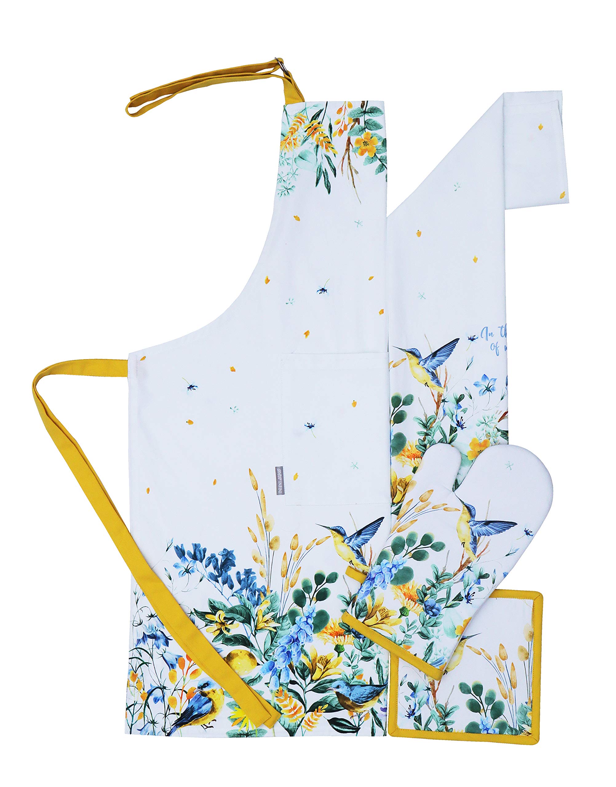 AMOUR INFINI Wild Meadows 4-Piece Cotton Kitchen Set - Apron, Towel, Oven Mitt & Pot Holder | Machine Washable | Ideal for Baking, Cooking & Housewarming Gifts | Perfect for Home Chefs & Holiday Kitchen Decor